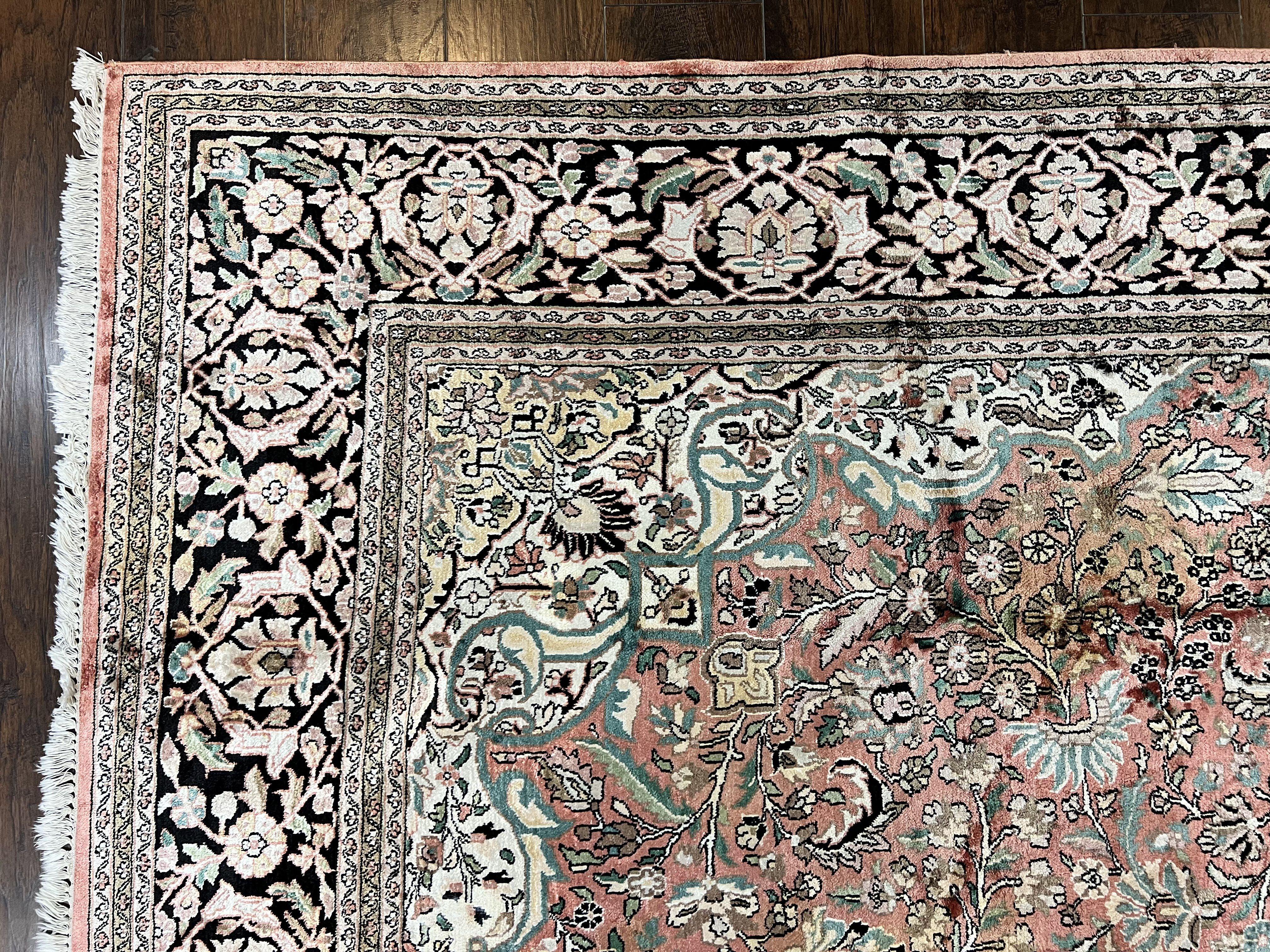Indian Kashmiri Silk Rug 9x12, Vintage Rug 9 x 12 ft, Salmon Ivory Black Hand-Knotted Silk on Cotton Oriental Floral Carpet, Traditional Rug - Jewel Rugs