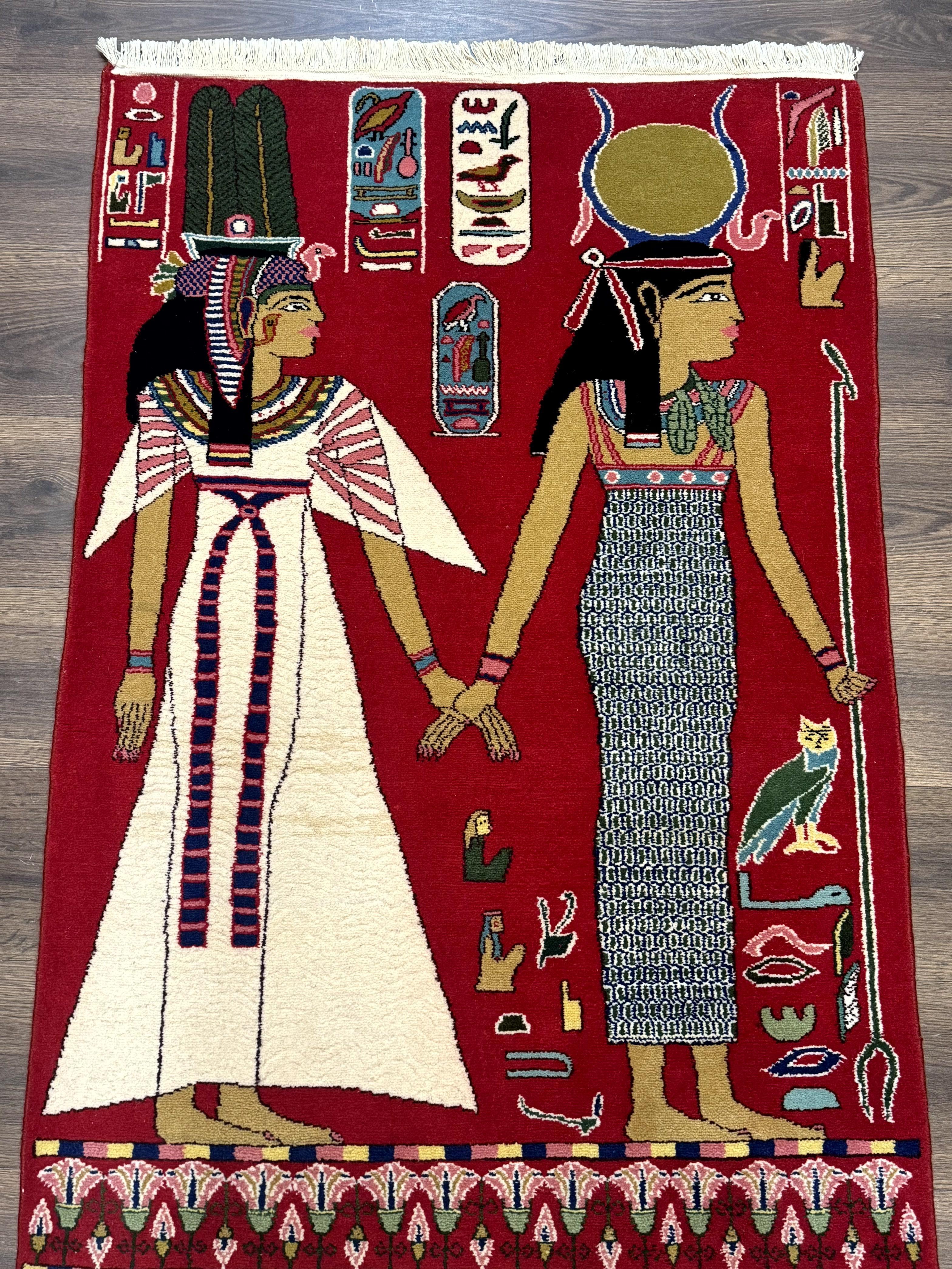 Egyptian Pictorial Rug 3x4, Hieroglyphic Pictorial Rug, Egyptian Prince and Princess, Cleopatra, Vintage Handmade, Red - Jewel Rugs