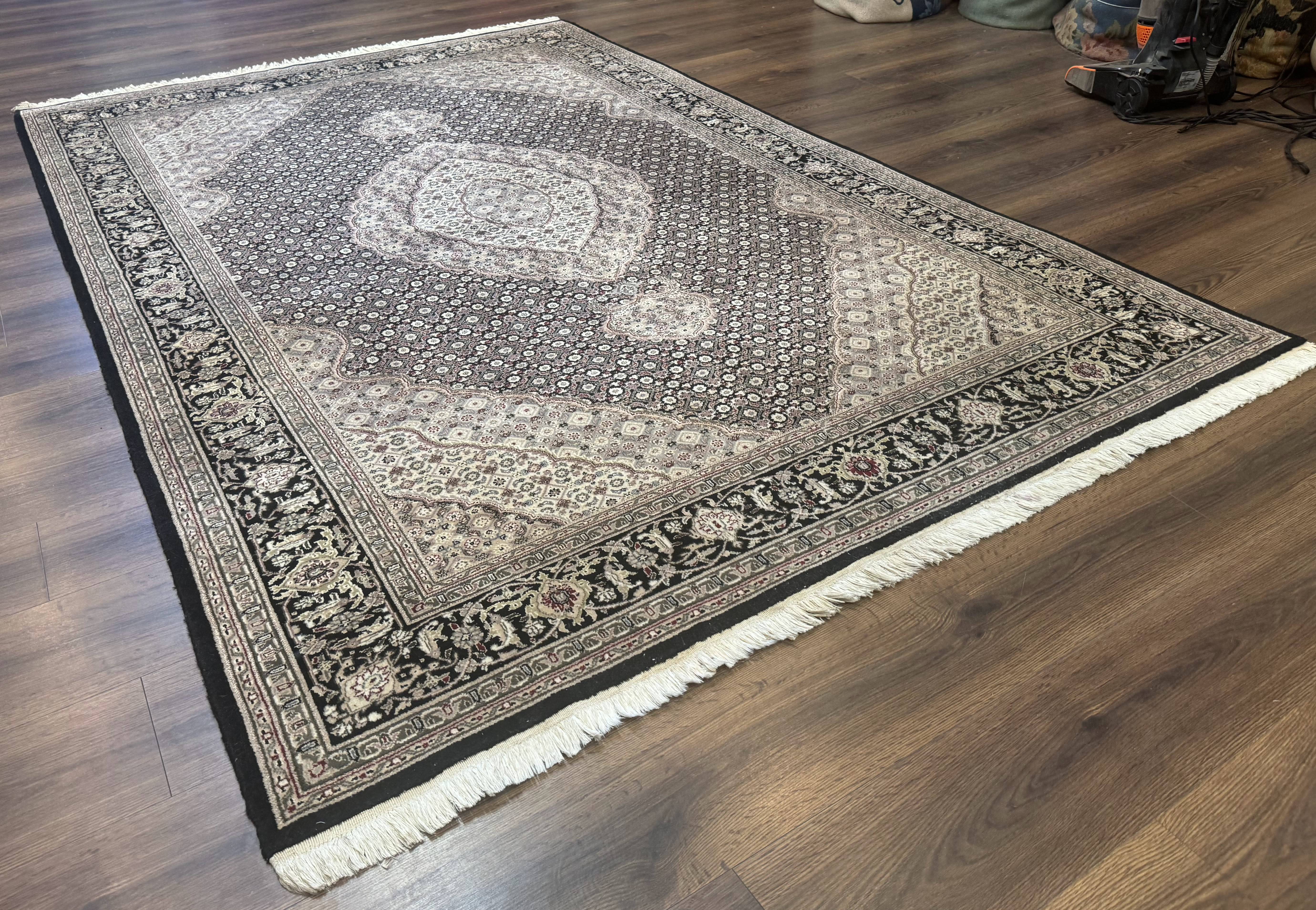 Pak Persian Rug 6x9, Herati Mahi Tabriz Pattern, Finely Hnad Knotted, Black Ivory Gray - Jewel Rugs