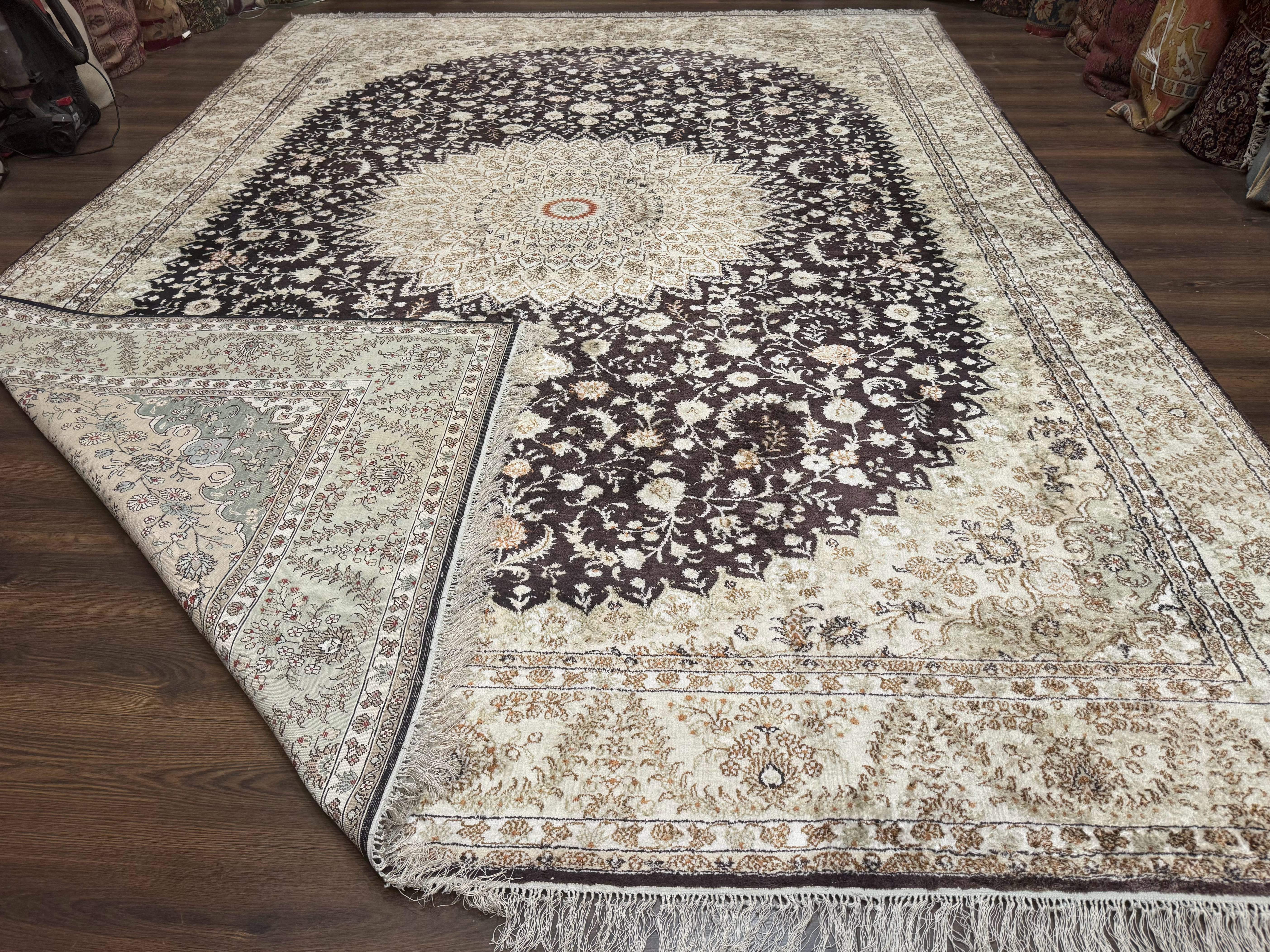 Indian Kashmiri Silk Rug 10x14, Floral Medallion - Jewel Rugs