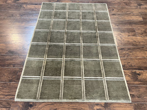 Tibetan Rug 4x6, Green Wool Handmade Area Rug 4 x 6, Panel Design, Modern Contemporary