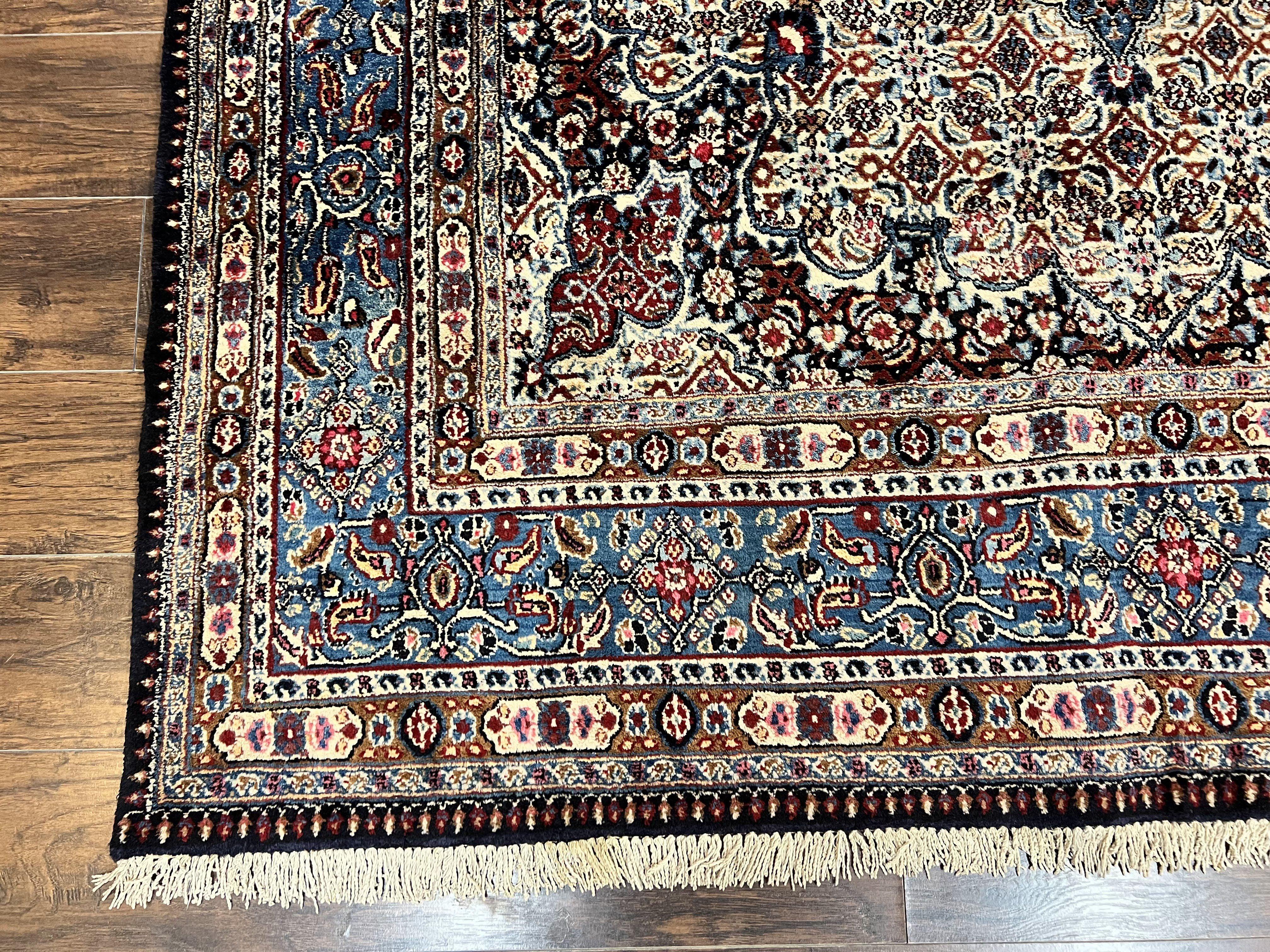 Persian Mashad Rug 7x10, Floral Medallion, Wool Hand Knotted Vintage Oriental Carpet, Blue & Ivory, Traditional Room Sized Rug - Jewel Rugs