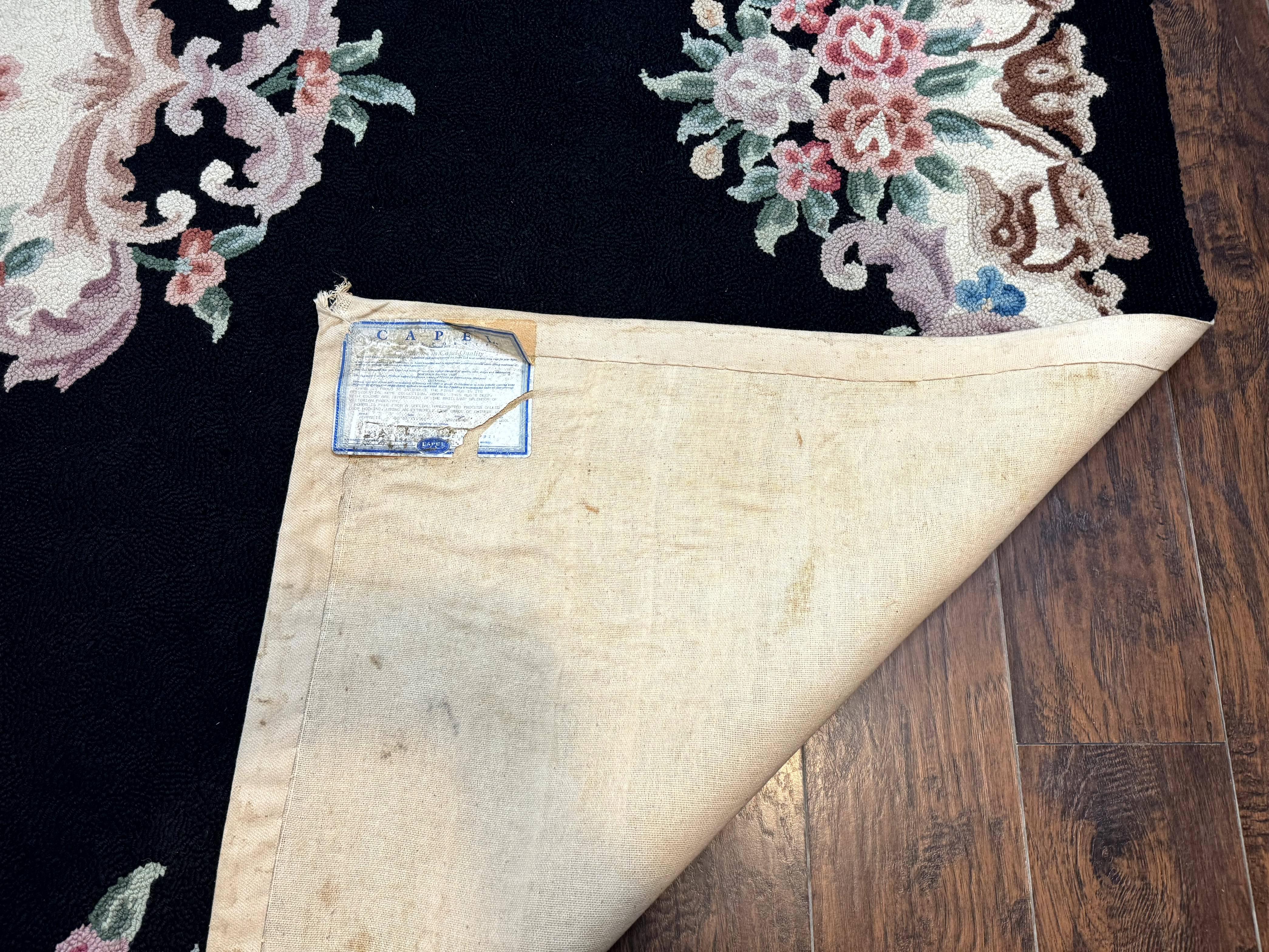 Aubusson Rug 8x11, Black and Ivory, Hooked Rug, Vintage, Wool - Jewel Rugs