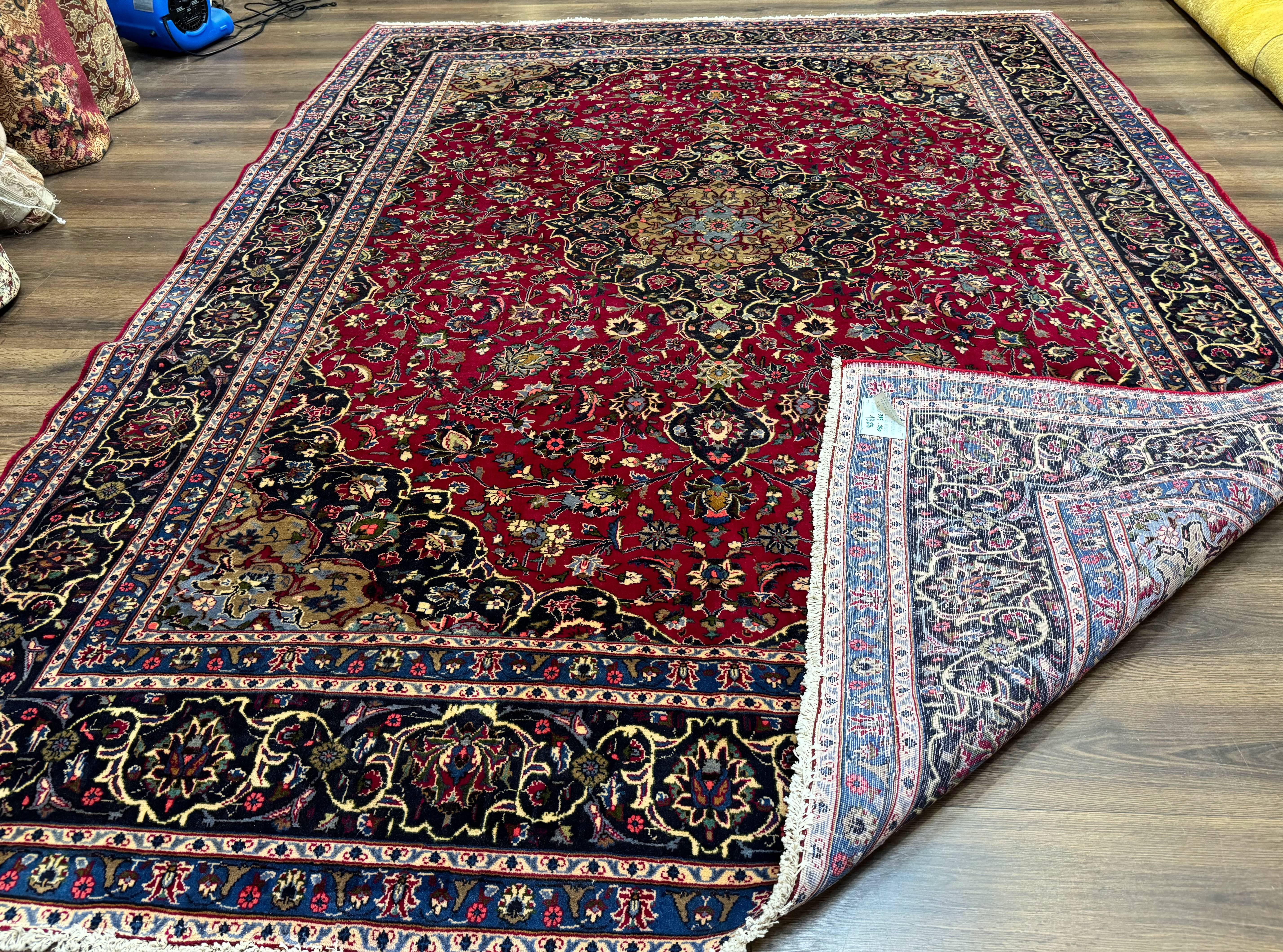 Traditional Persian Rug 8x11, Red Navy Blue, Floral Medallion, Antique Persian Mashad Carpet, Wool - Jewel Rugs