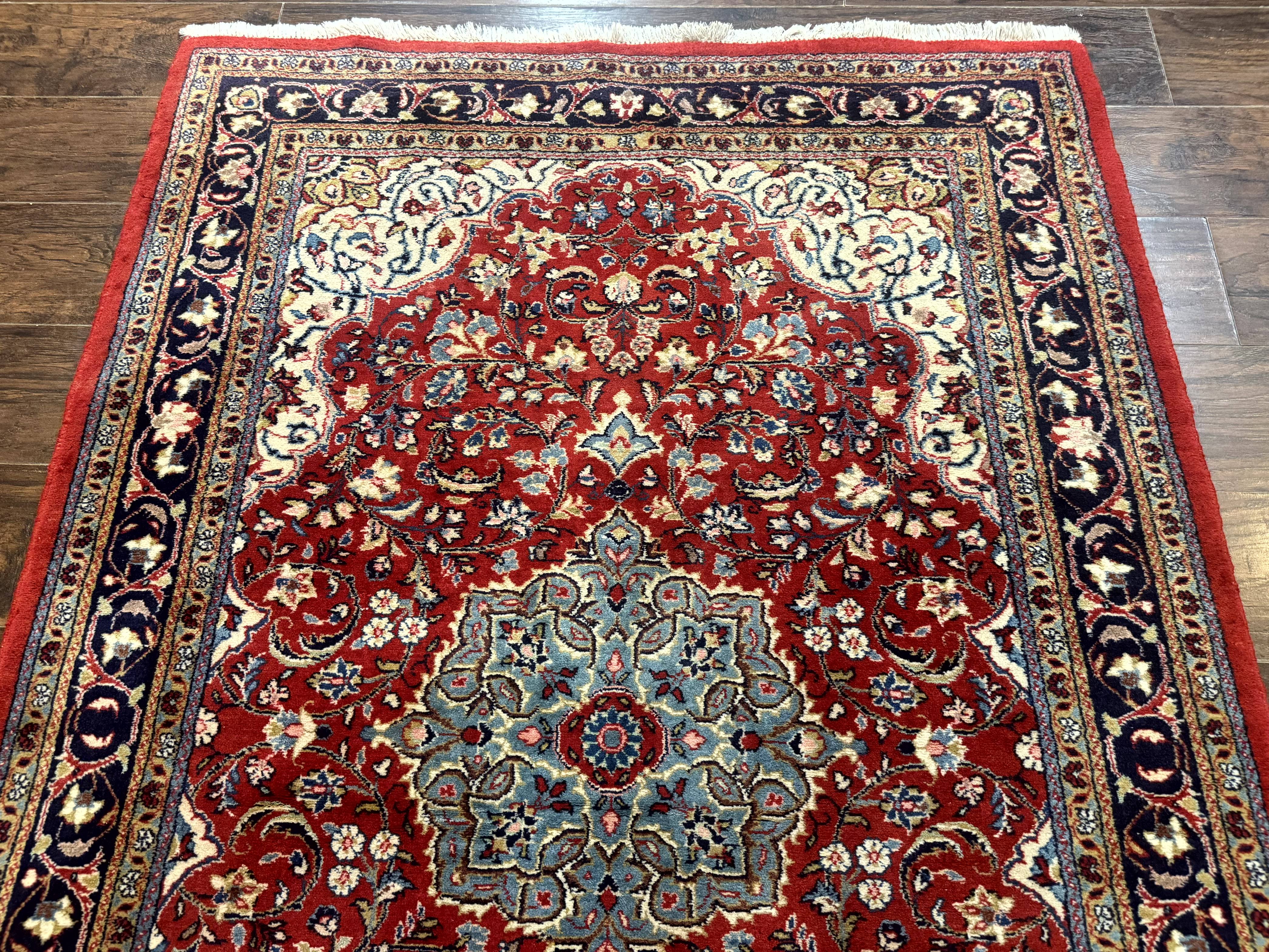 Persian Sarouk Rug 4x7, Red Navy Blue Vintage Wool Medallion Carpet - Jewel Rugs