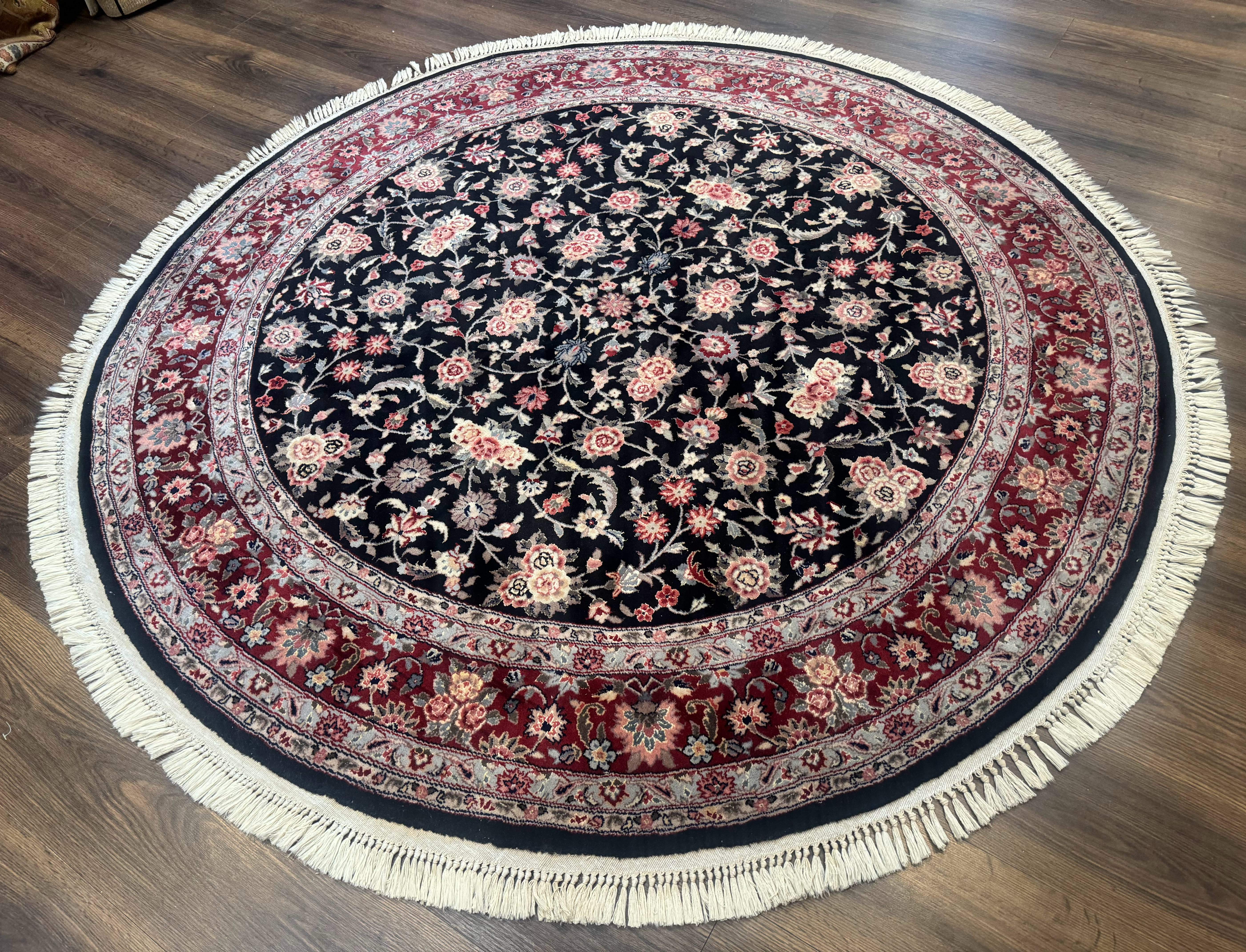 Round Sino Persian Rug 6x6, Floral, Navy Blue and Red, Wool and Silk Highlights - Jewel Rugs