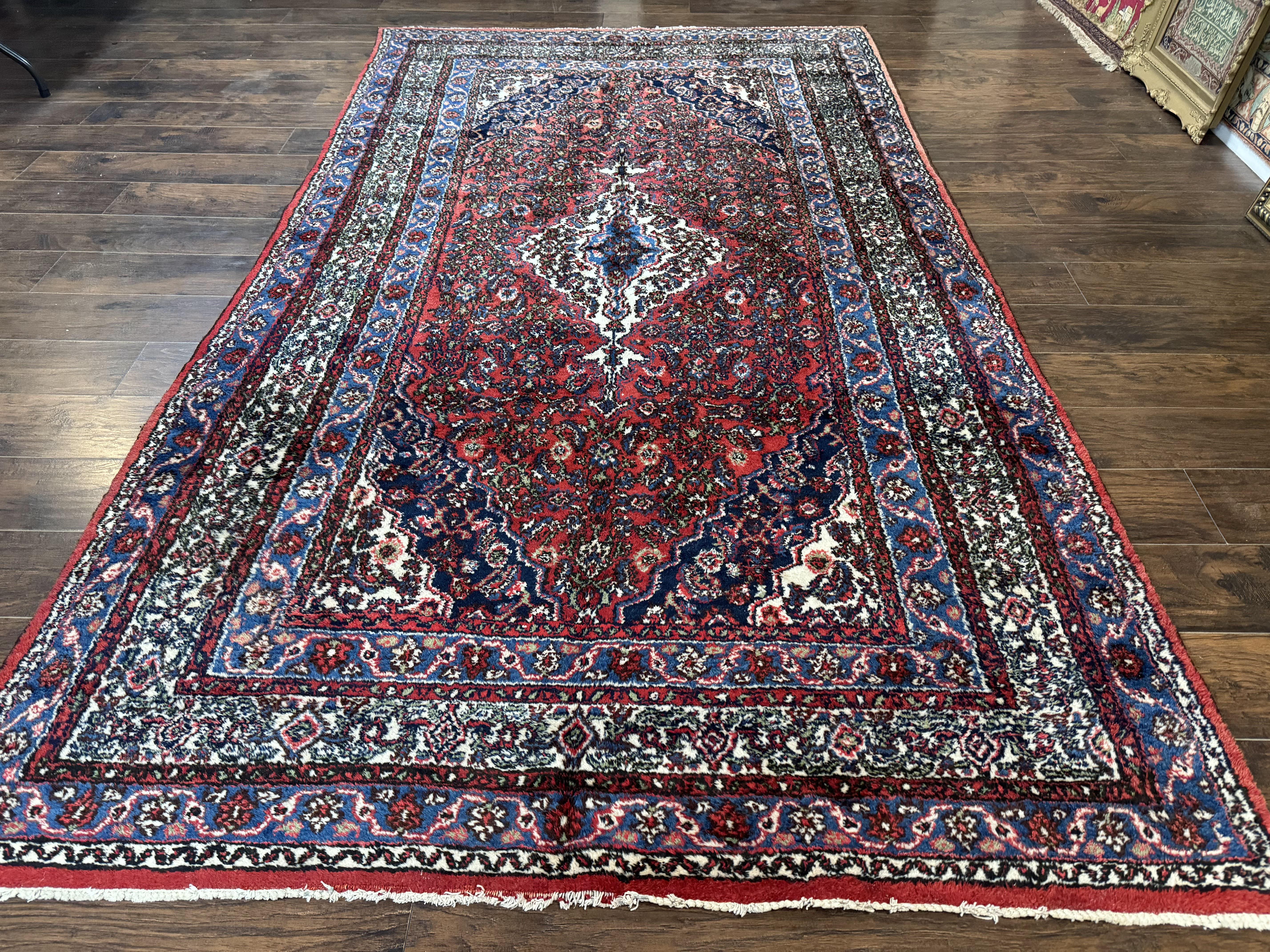 Persian Tribal Rug 6x11, Red Blue Ivory, Antique Persian Carpet, Hamadan Dargazin Carpet - Jewel Rugs