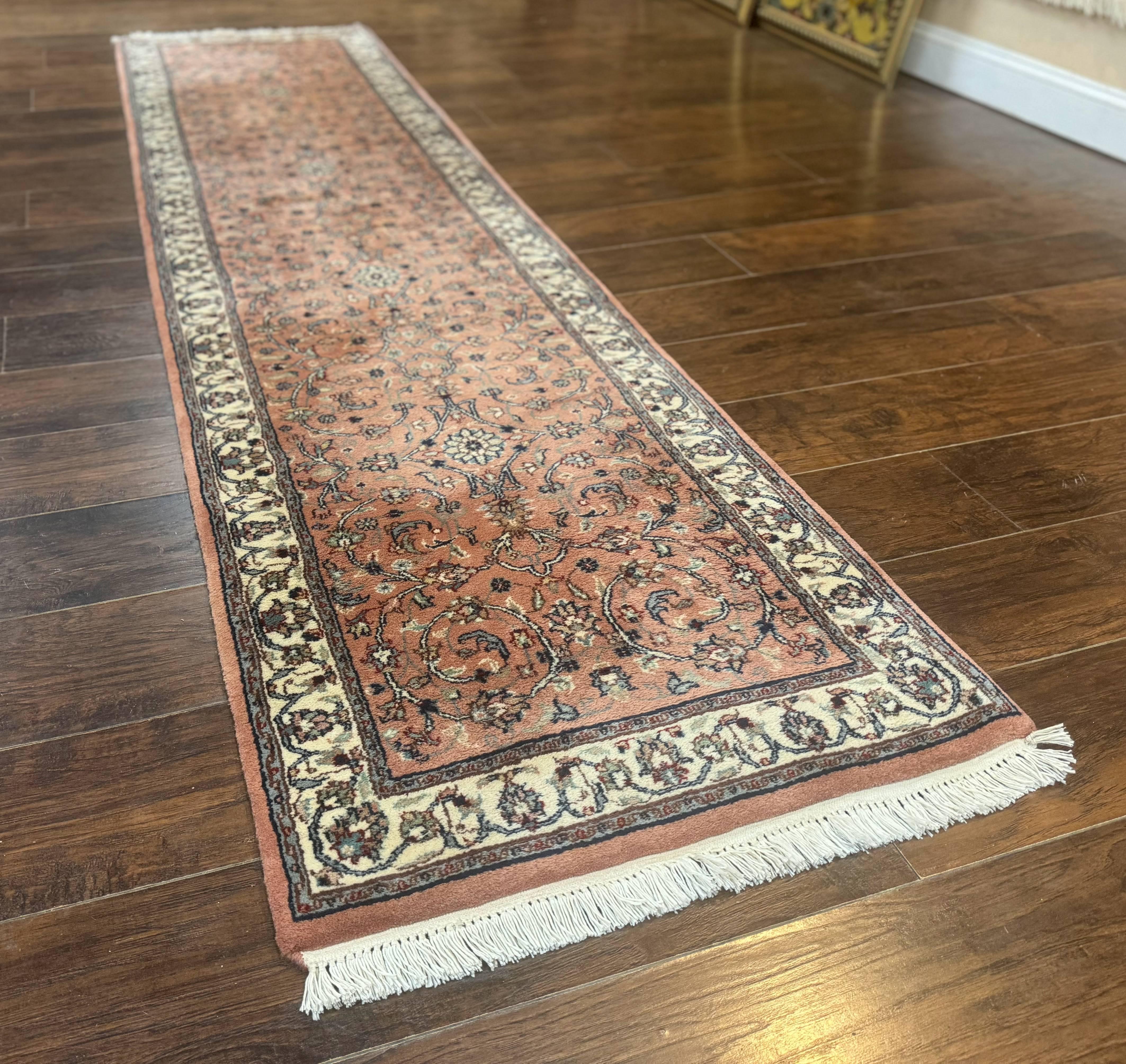 Indo Persian Runner Rug 2.6 x 10, Coral and Cream, Hand Knotted 10ft Wool Oriental Runner for Hallway or Kitchen - Jewel Rugs