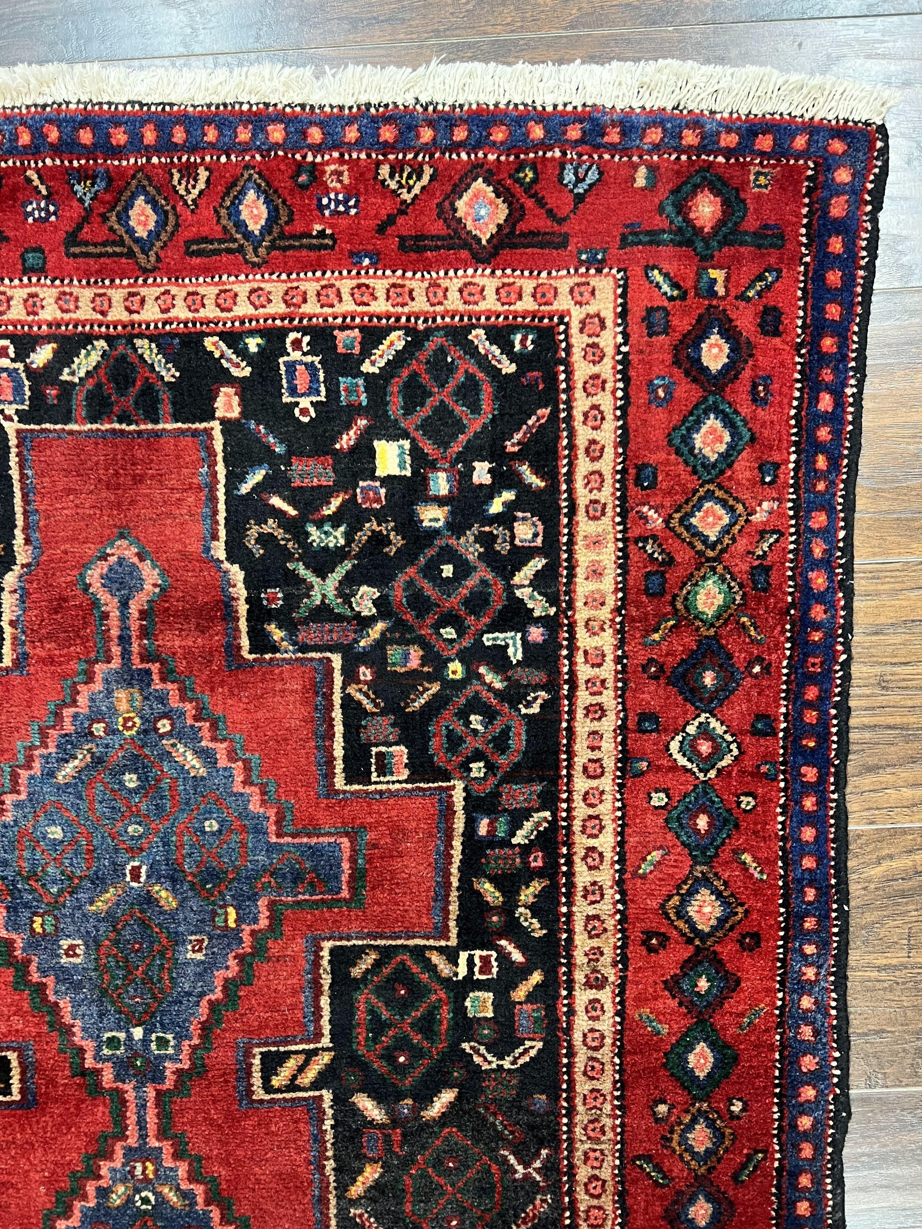 Persian Kurdish Senneh Runner Rug 3x9, Red Navy Blue, Medallions Wool Tribal Runner for Kitchen/Hallway 9ft Antique Handmade Oriental Runner - Jewel Rugs