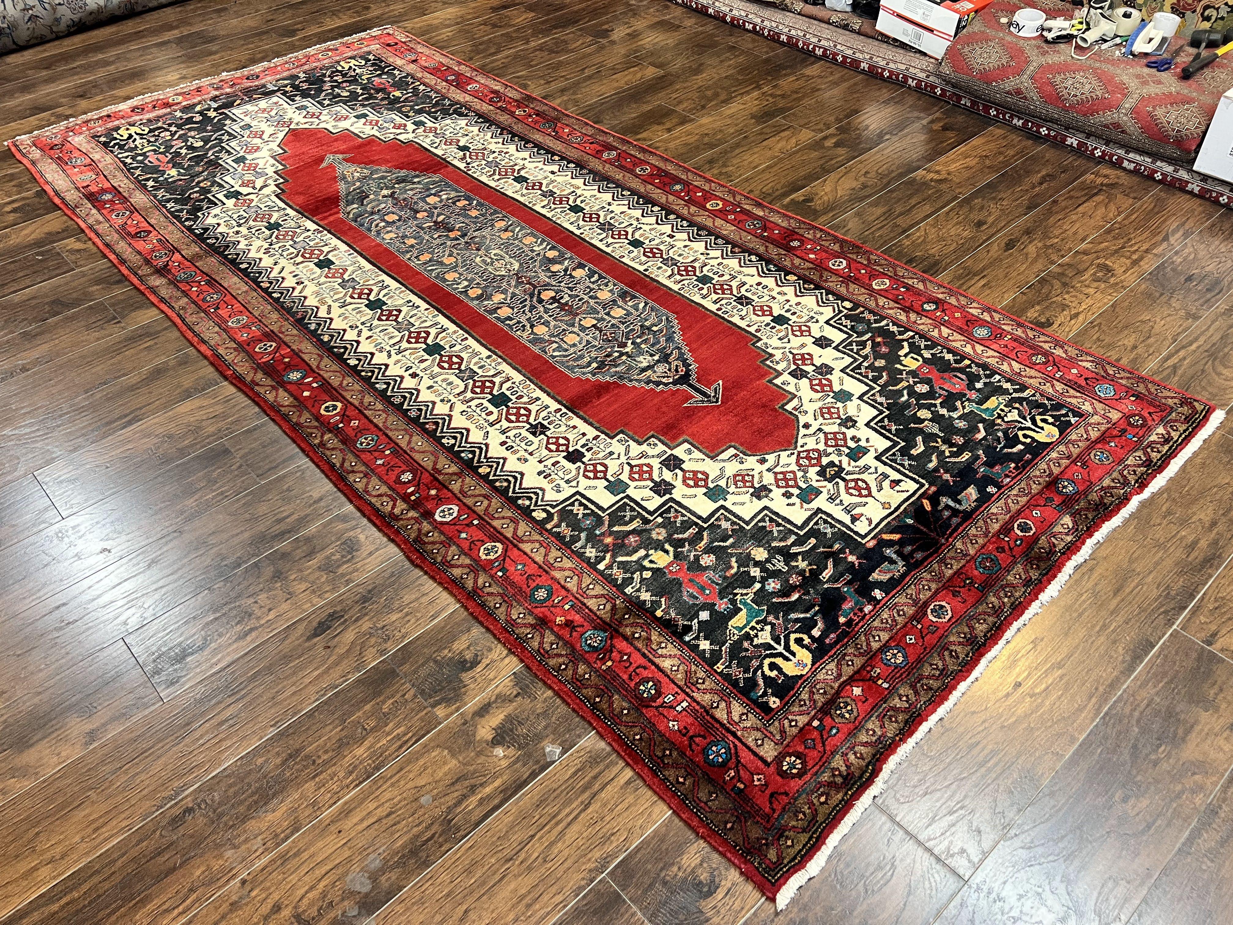 Persian Rug 5x12 ft, Red Cream Navy Blue, Pictorials, Hand Knotted Handmade Wide Runner Tribal Bidjar Semi Antique Wool Geometric Oriental Rug - Jewel Rugs