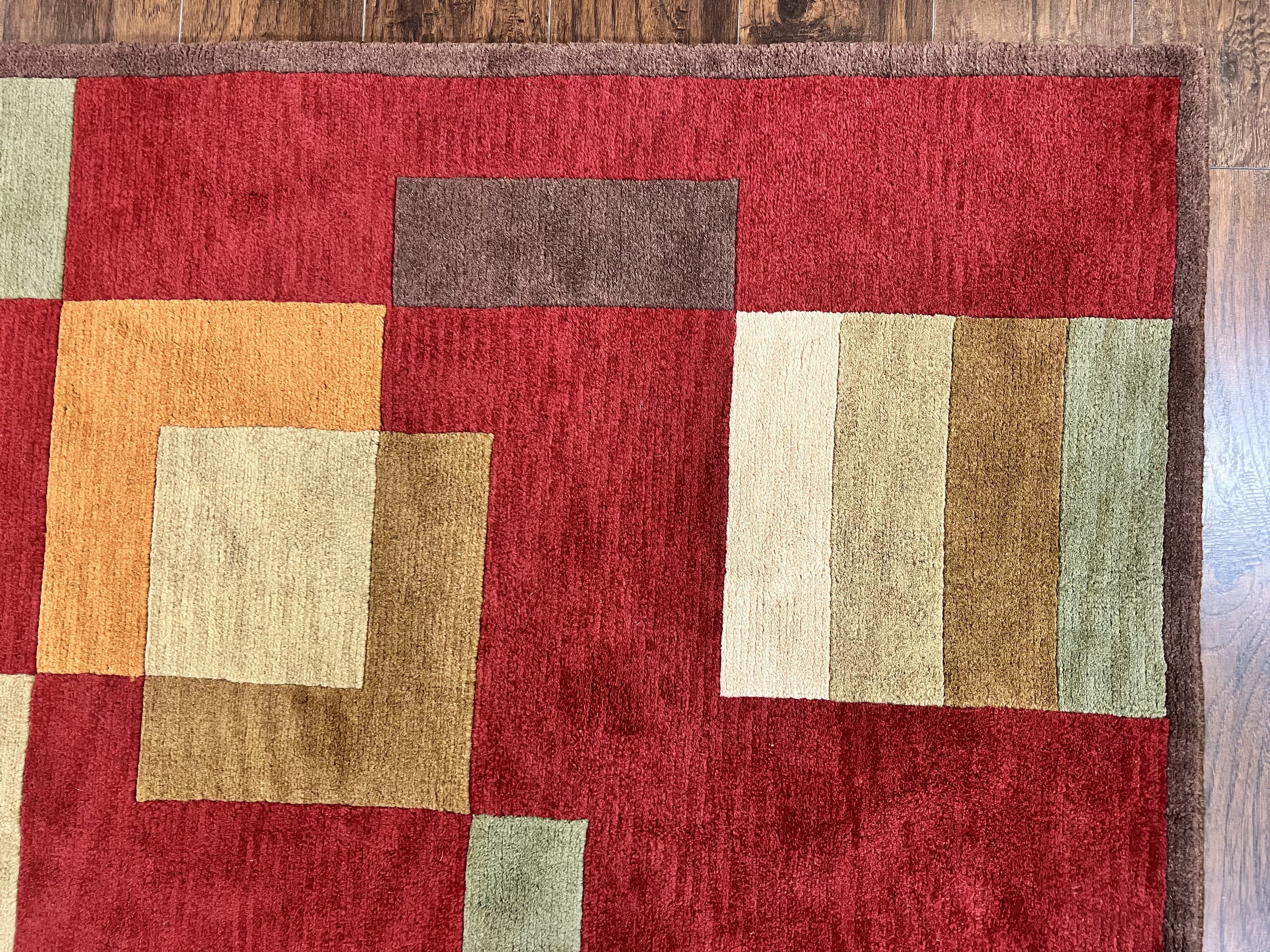 Indo Tibetan Modern Rug 5x8, Abstract Rug 5 x 8 ft, Red Multicolor Wool Handmade Contemporary Area Rug - Jewel Rugs