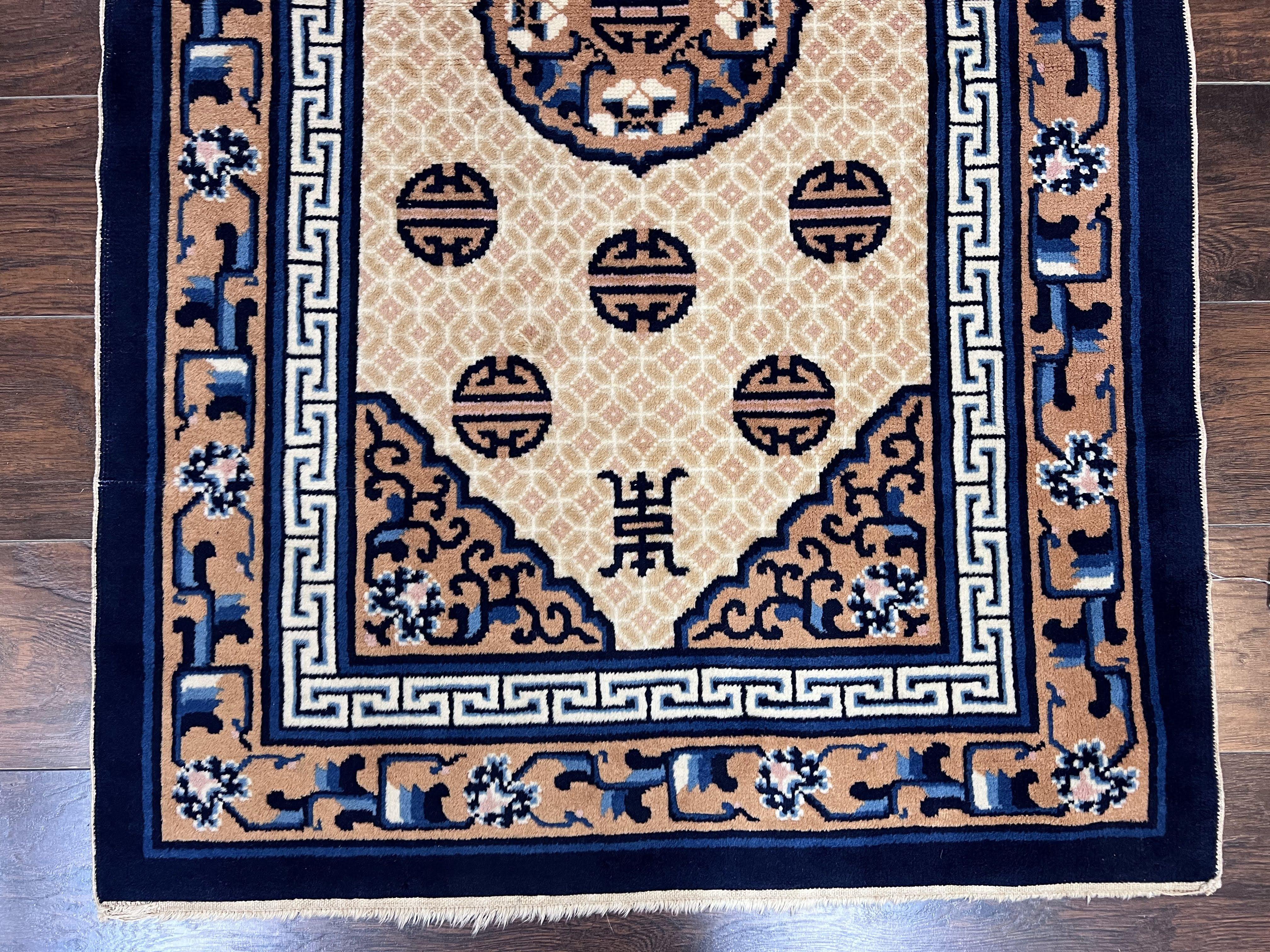 Chinese Peking Rug 3x5, Antique Chinese Art Deco Carpet, Blue Ivory Tan, Hand Knotted Wool Asian Oriental Rug 3 x 5 Vintage Small Peking Rug - Jewel Rugs