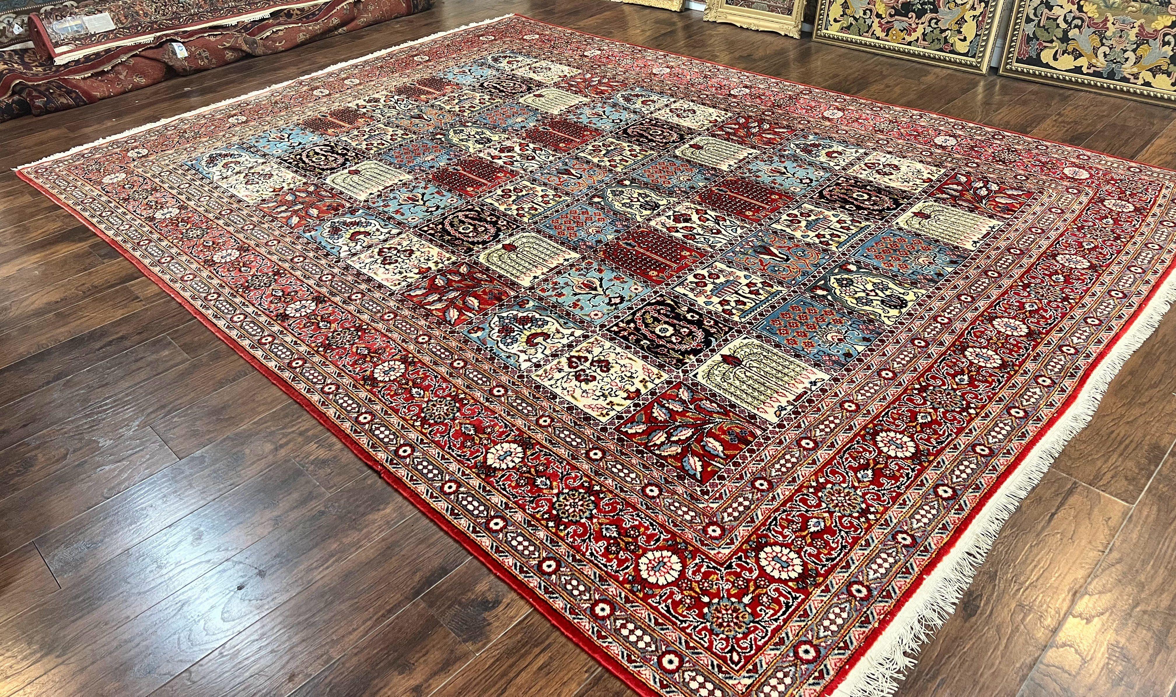 Persian Qum Rug 9x13, Multicolor Panel Design, Red Blue Cream, Hand Knotted Vintage Large Wool Rug - Jewel Rugs