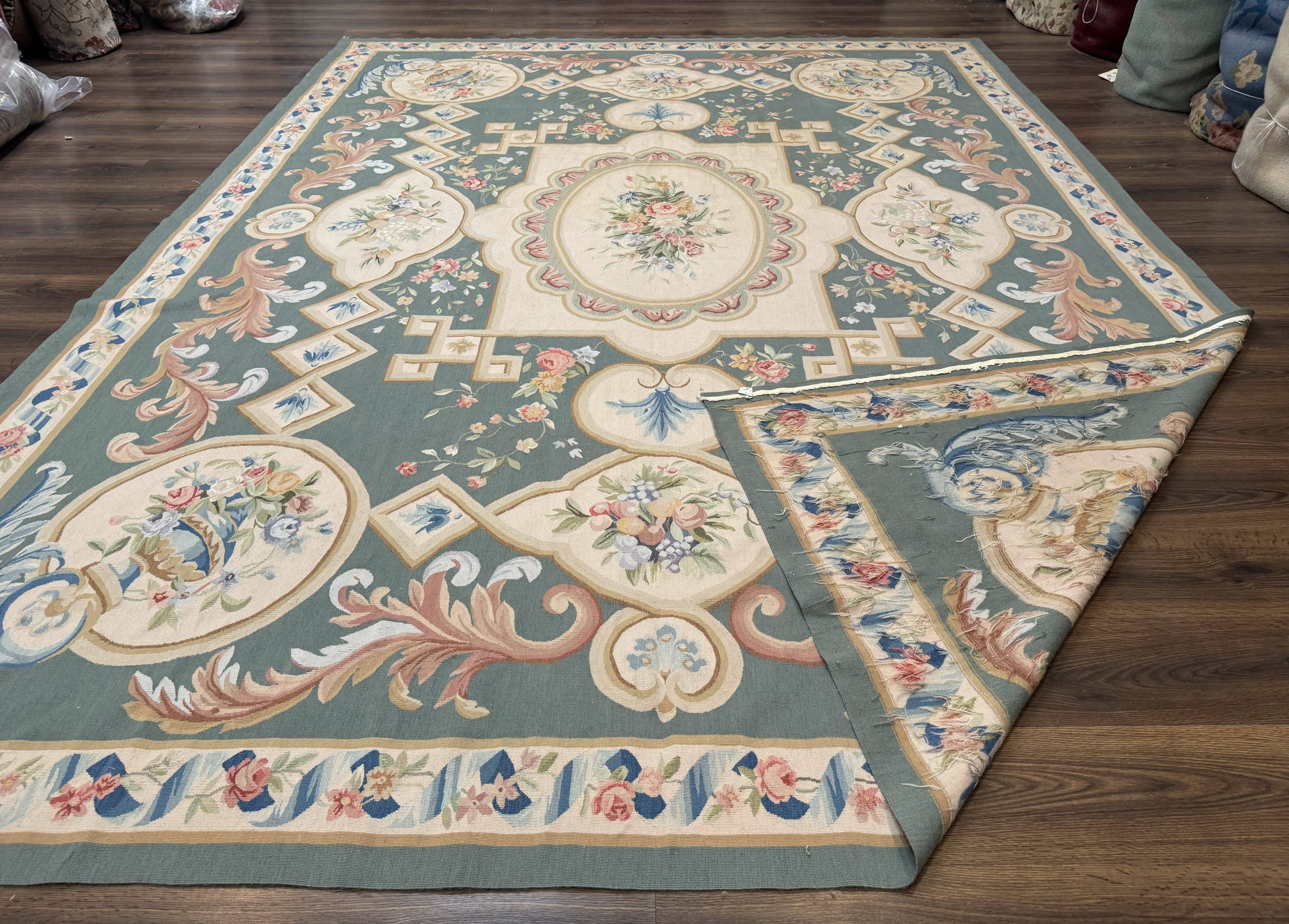 Aubusson Rug 9x12, Muted Sage Green and Cream, European Design - Jewel Rugs