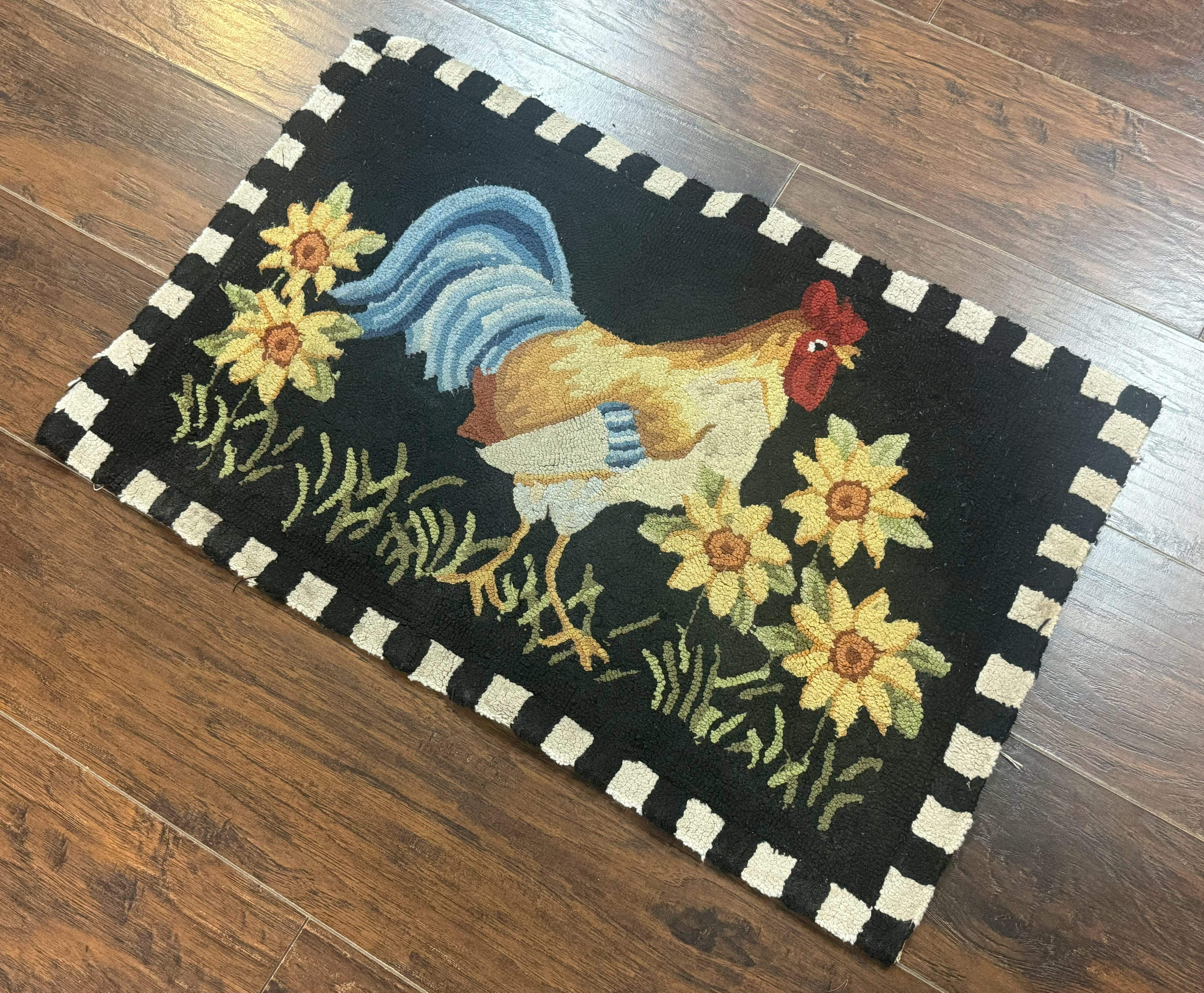 Vintage Hooked Rooster Rug 2x3, Black - Jewel Rugs