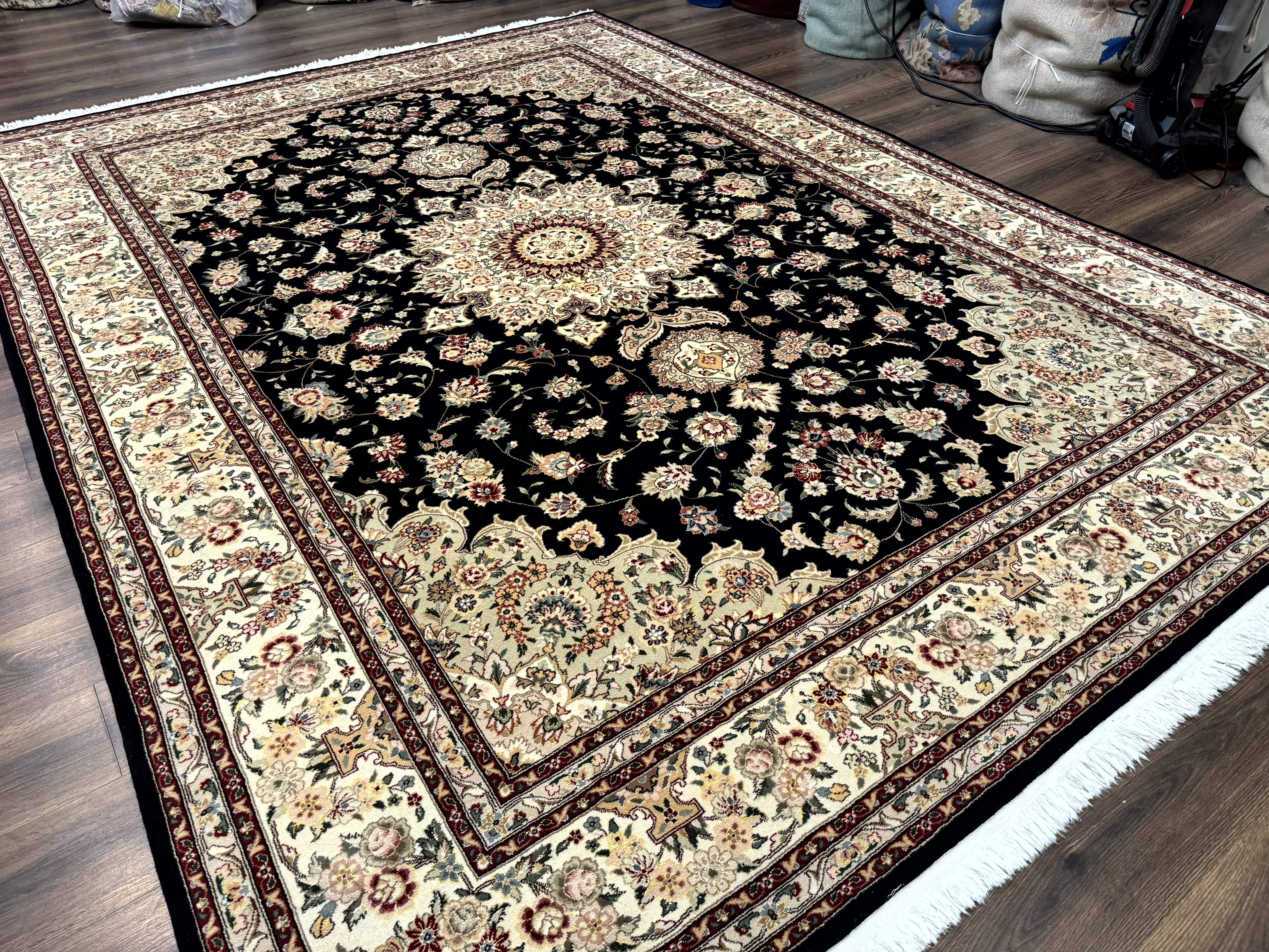 Sino Persian Rug 9x12, Black and Beige, Floral Medallion, Wool & Silk, Handmade - Jewel Rugs