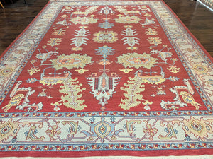 Indo Heriz Flatweave Rug 10x14, Indian Large Room Sized Carpet 10 x 14 ft, Red Green Floral Allover, Wool Handmade Vintage Oriental Rug