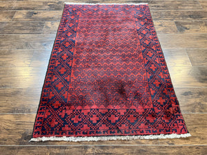Afghan Balouch Rug 3x5, Wool Hand Knotted Carpet, Red & Navy Blue Afghan Tribal Rug, Small Handmade Rug 3 x 5 ft