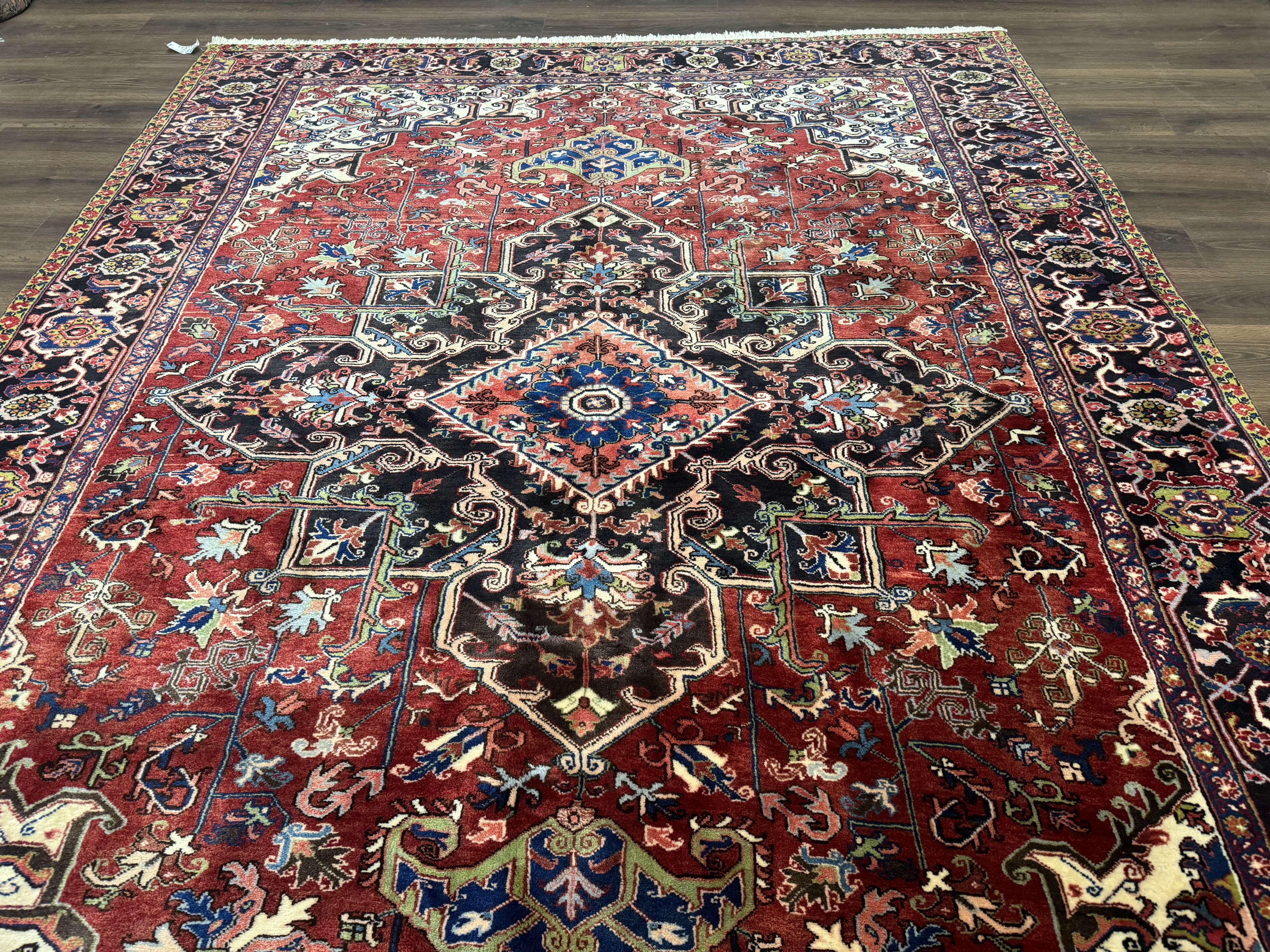 Antique Persian Heriz Rug 8x11, Geometric Tribal Wool Carpet, Brick Red - Jewel Rugs