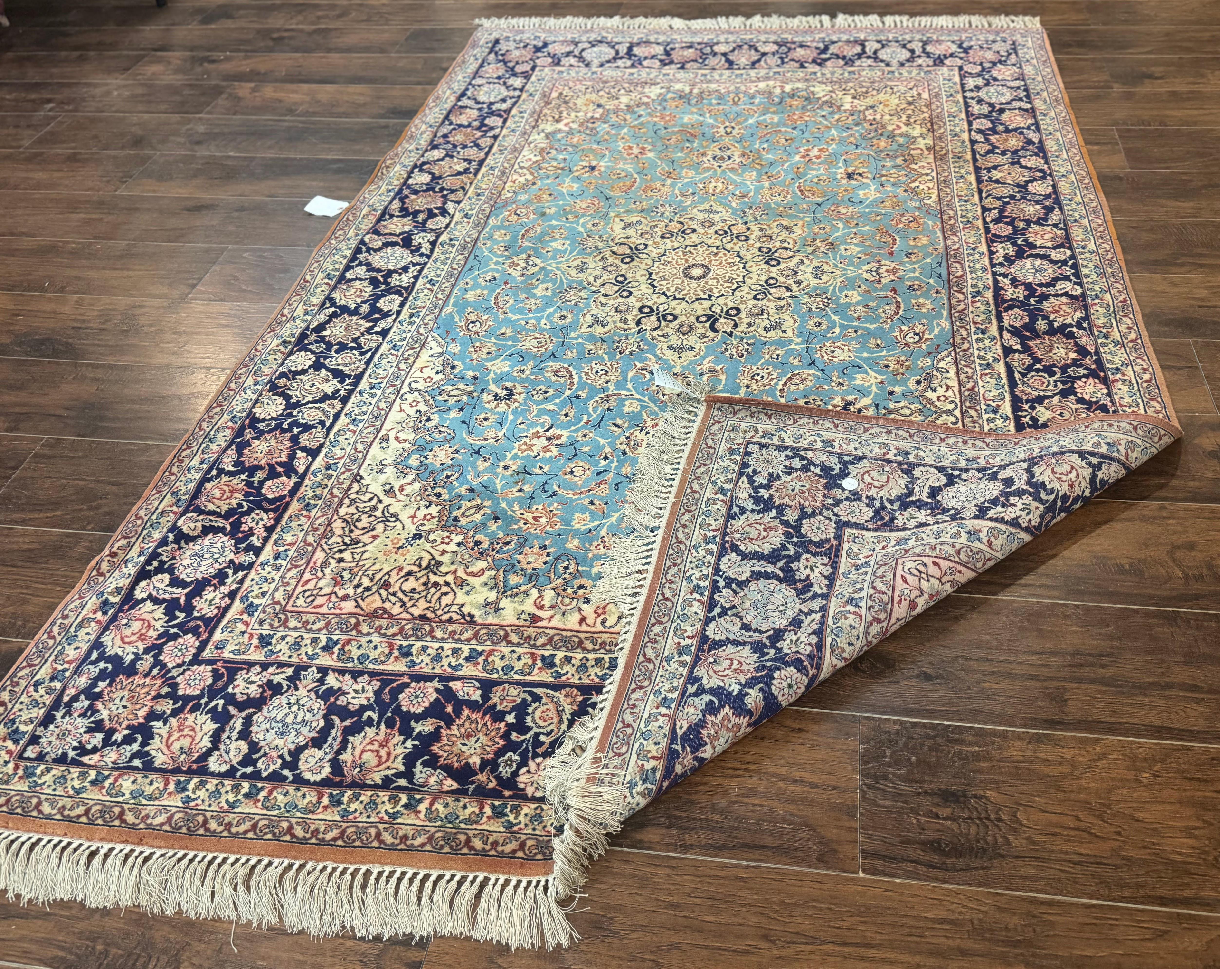 Light Blue Persian Isfahan Rug 5x8, Floral Medallion, Wool on Silk Foundation, Very Fine 530 KPSI, Handmade Carpet - Jewel Rugs