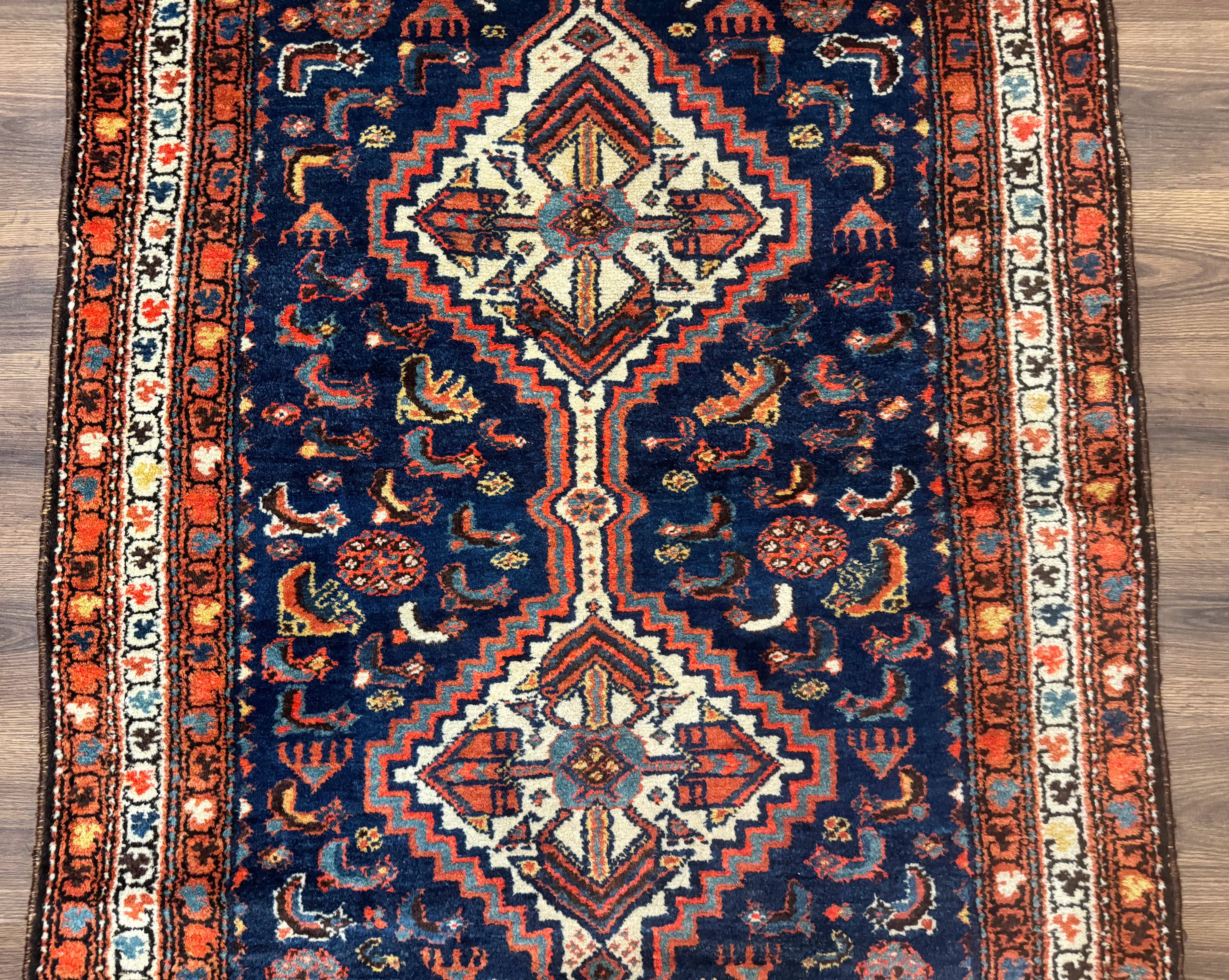 Antique Persian Hamadan Rug 4x6, Geometric, Double Medallions, Navy Blue, Tribal Carpet - Jewel Rugs