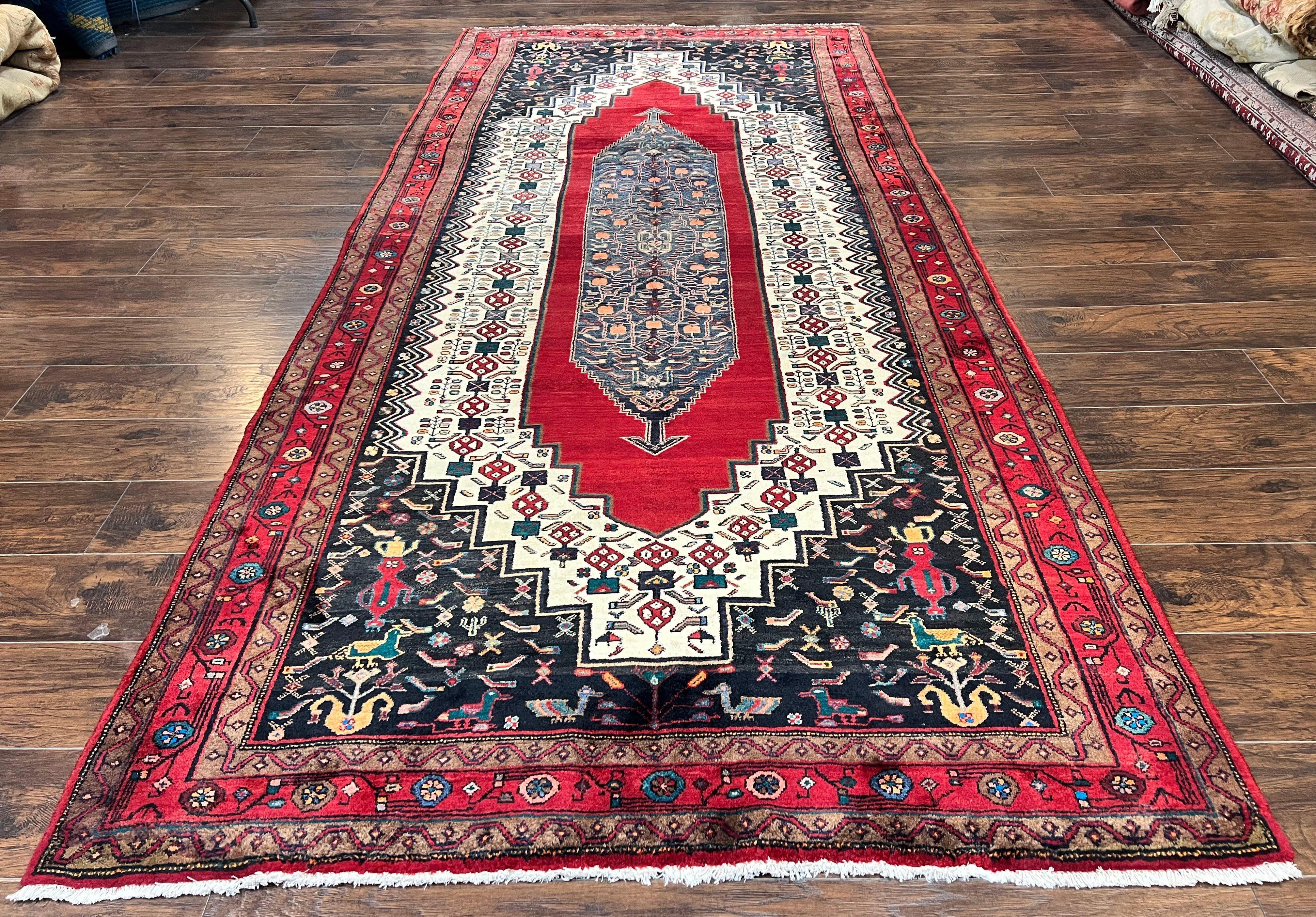 Persian Rug 5x12 ft, Red Cream Navy Blue, Pictorials, Hand Knotted Handmade Wide Runner Tribal Bidjar Semi Antique Wool Geometric Oriental Rug - Jewel Rugs