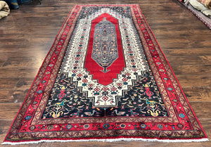 Persian Rug 5x12 ft, Red Cream Navy Blue, Pictorials, Hand Knotted Handmade Wide Runner Tribal Bidjar Semi Antique Wool Geometric Oriental Rug