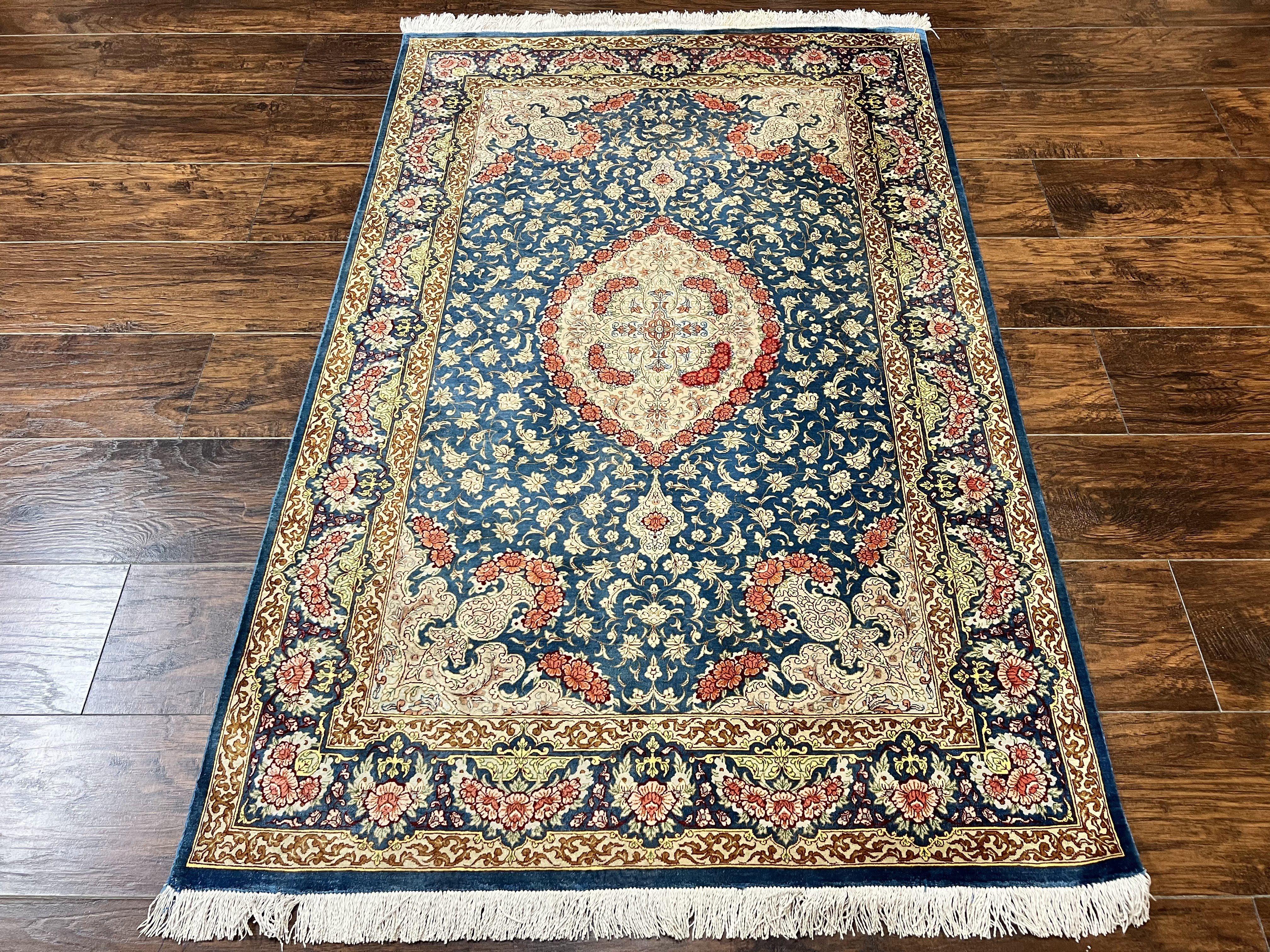 Magnificent Persian Qum Silk Rug 3x5, Blue, Super Fine 675 KPSI - 70 Raj, Floral Roses, Handmade Vintage Silk Carpet, Masterpiece - Jewel Rugs