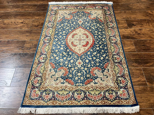 Magnificent Persian Qum Silk Rug 3x5, Blue, Super Fine 675 KPSI - 70 Raj, Floral Roses, Handmade Vintage Silk Carpet, Masterpiece