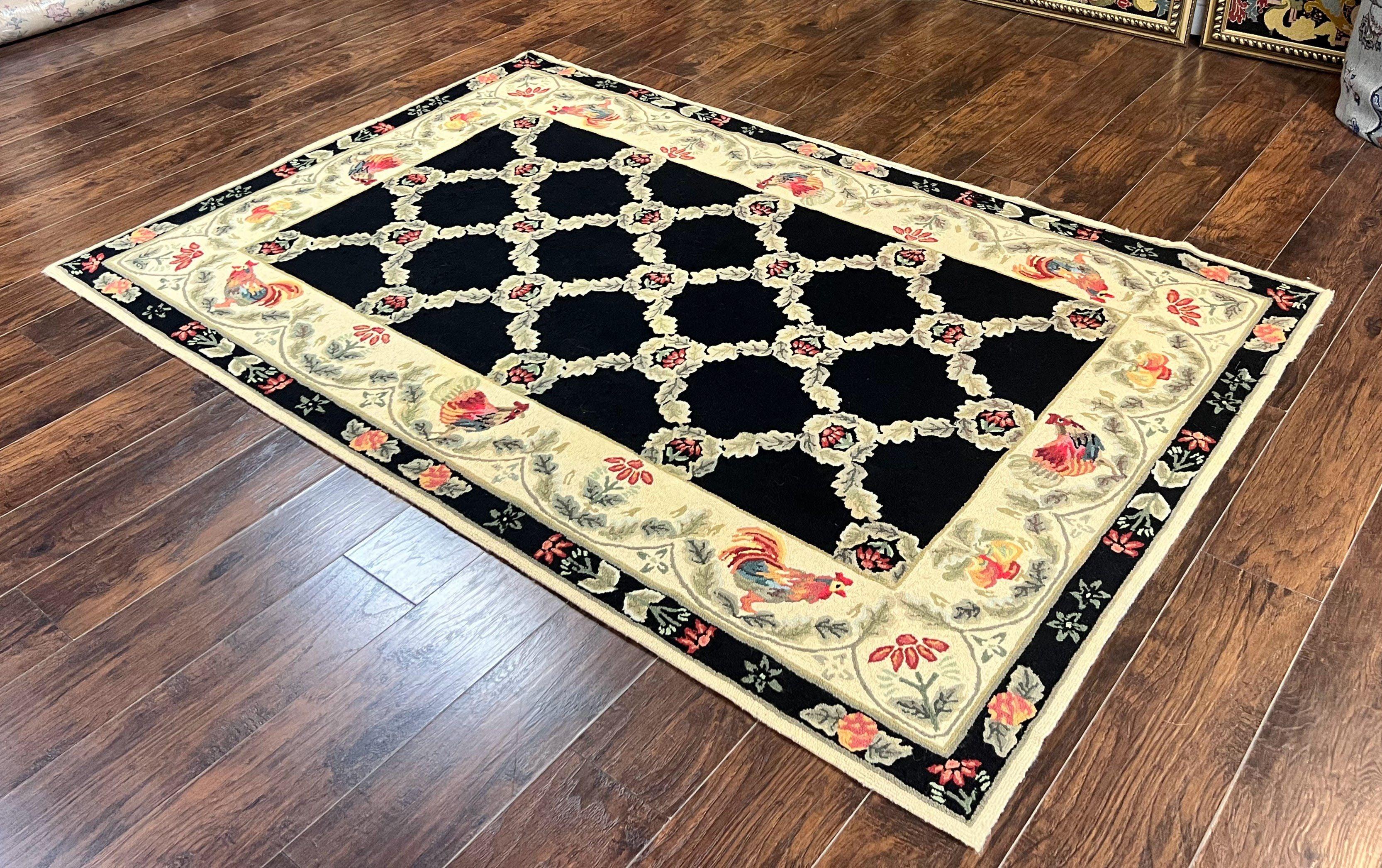 Hooked Rug 5x8, European Aubusson Pattern, Black and Ivory, Roses & Roosters, Vintage Wool Rug - Jewel Rugs