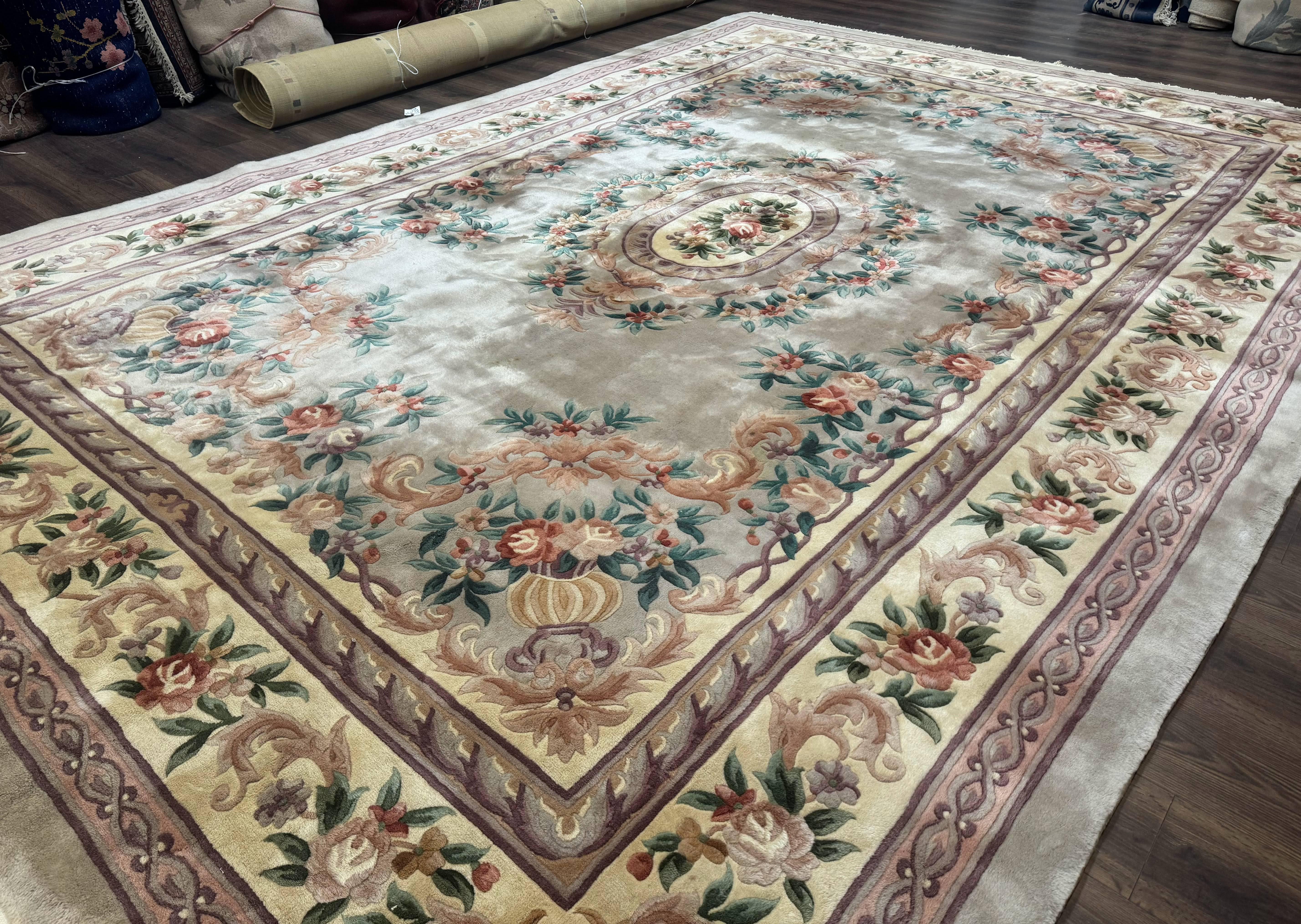 Chinese Aubusson Rug 10x14, Soft Thick Wool Pile, Gray and Beige, Floral, Vintage 1960s Chinese Wool Rug - Jewel Rugs