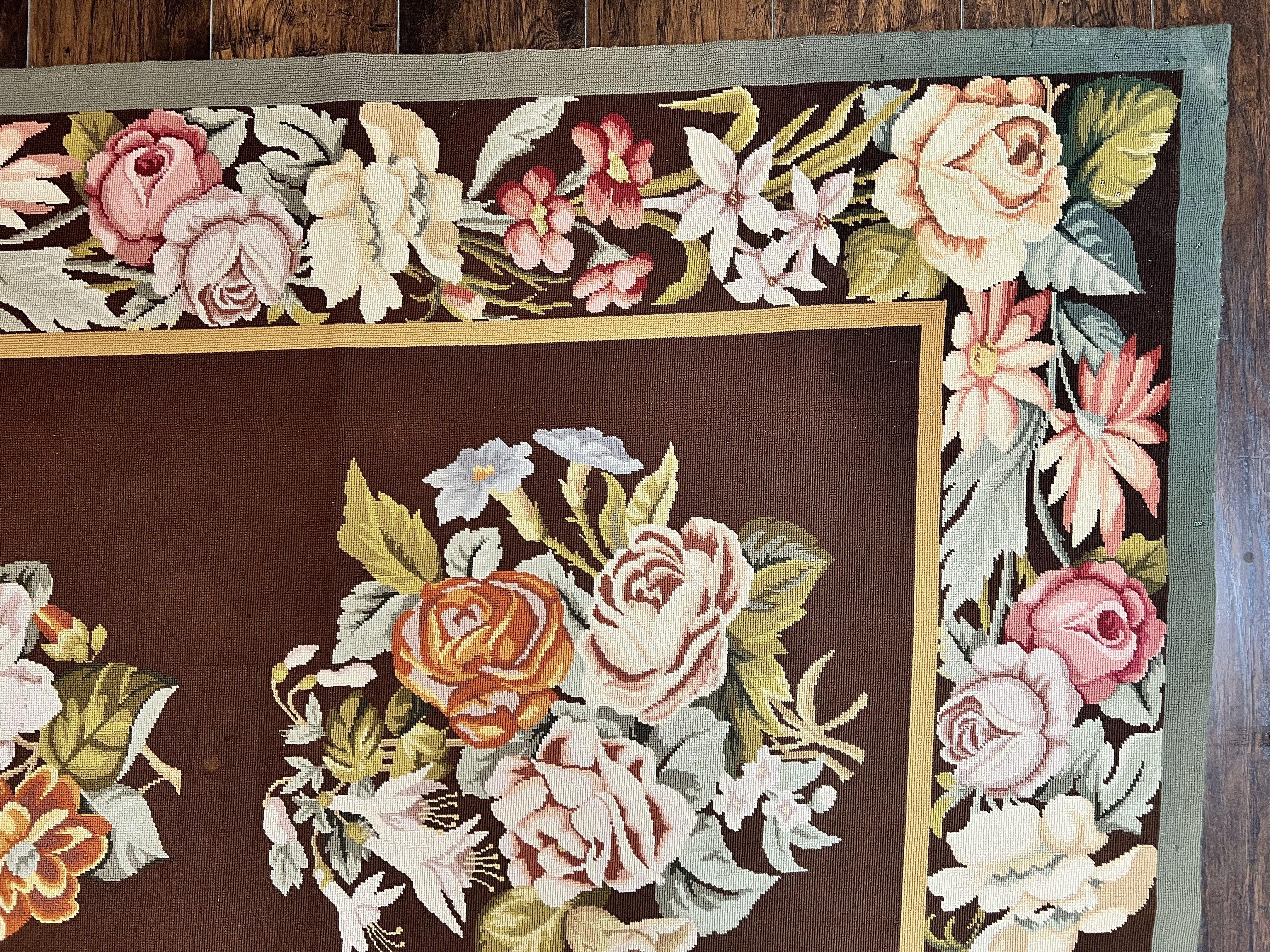 Vintage Needlepoint Rug 9x12, Large Handmade Hand-woven Needlepoint Carpet, Brown Area Rug, Floral Bouquets, Wool Rug, European Design - Jewel Rugs