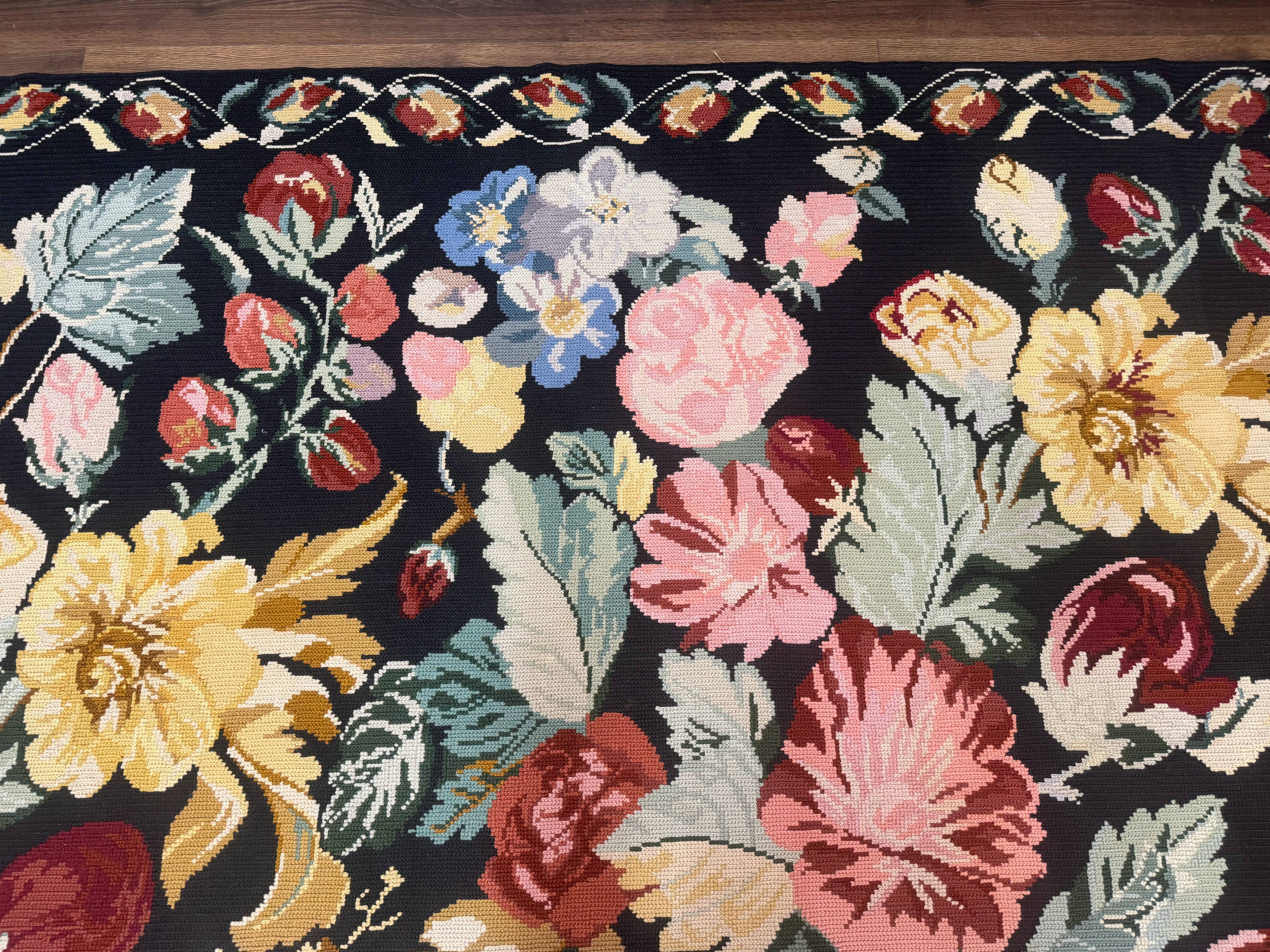 Palace Size Needlepoint Rug 12x18, Vintage Spanish Portuguese Carpet, Floral Design - Jewel Rugs