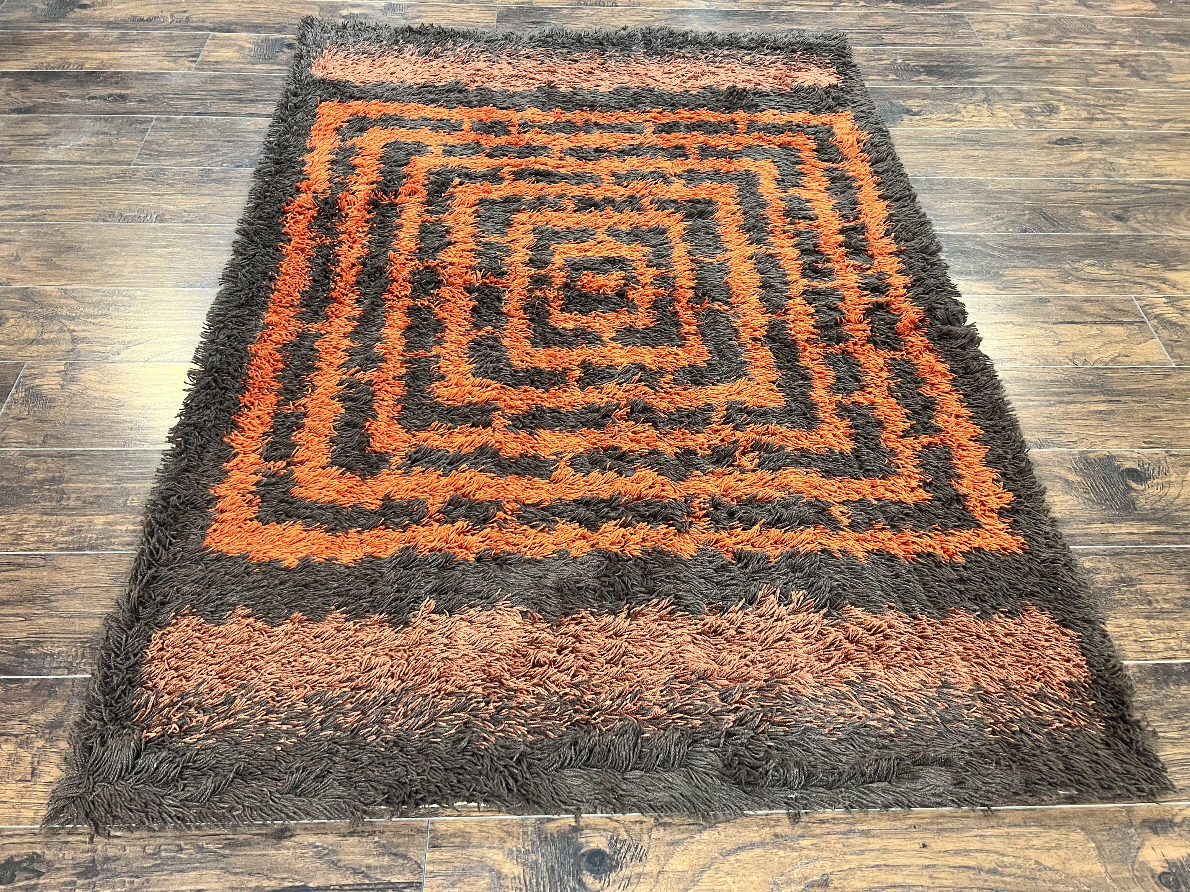 Vintage Rya Shag Rug 4.6 x 6.6, Abstract Design, Brown and Orange, Mid Century Danish Rya Carpet - Jewel Rugs