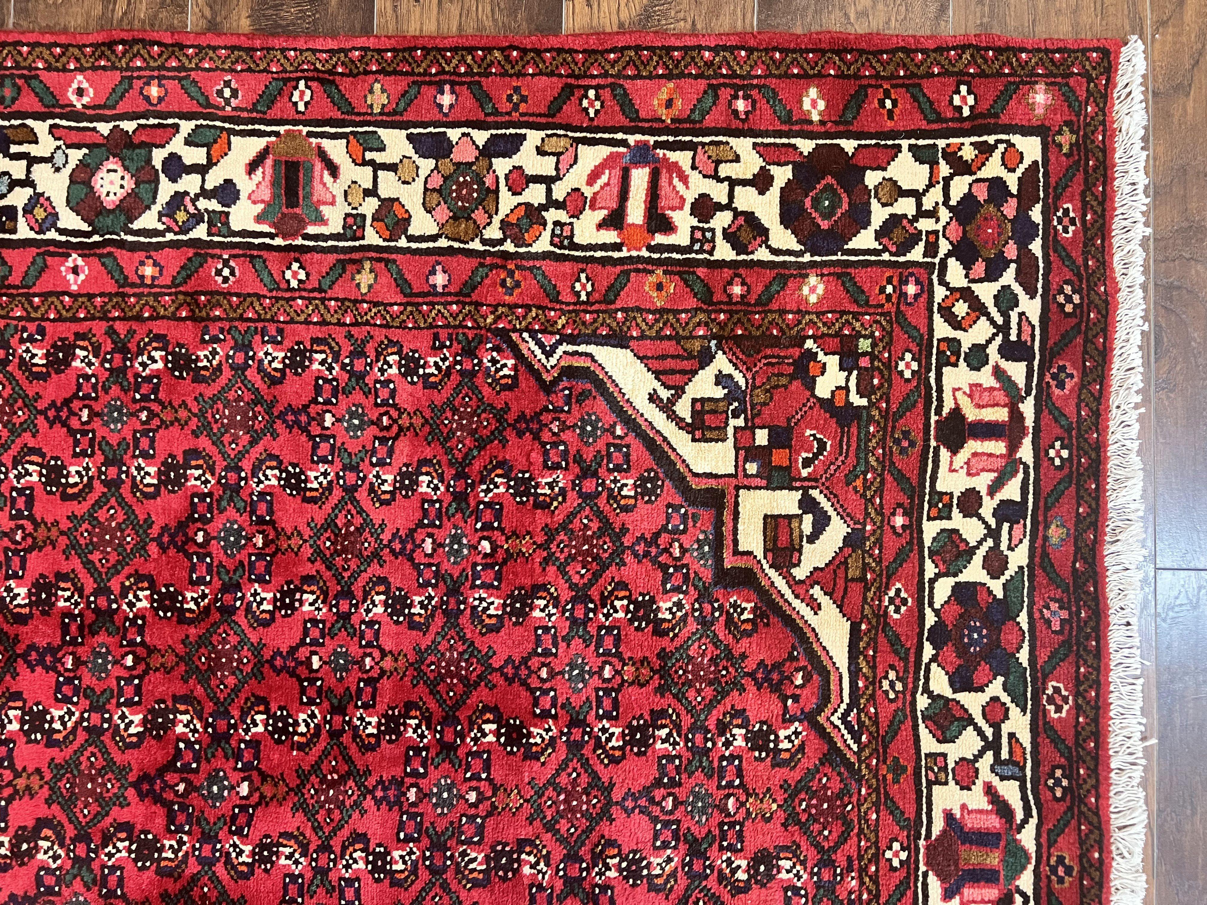 Persian Tribal Rug 7x10, Wool Handmade Semi Antique Vintage Hamadan Dargazine Carpet, Red & Ivory Allover Floral Medallion Rug, 7 x 10 Room Sized Oriental Rug - Jewel Rugs