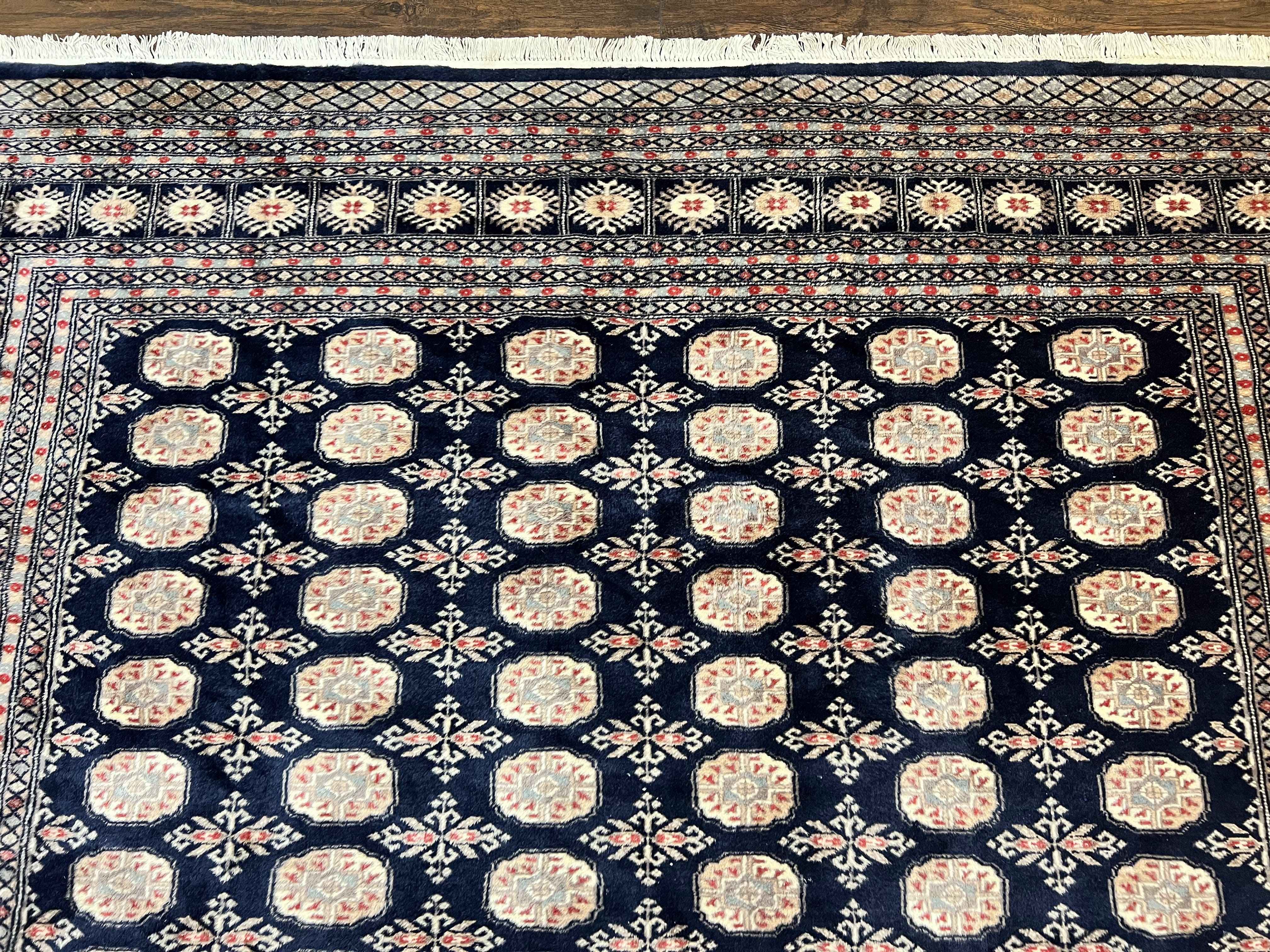 Pakistani Bokhara Rug 8x10, Turkoman Carpet, Dark Blue and Beige, Vintage Handmade Wool Carpet - Jewel Rugs