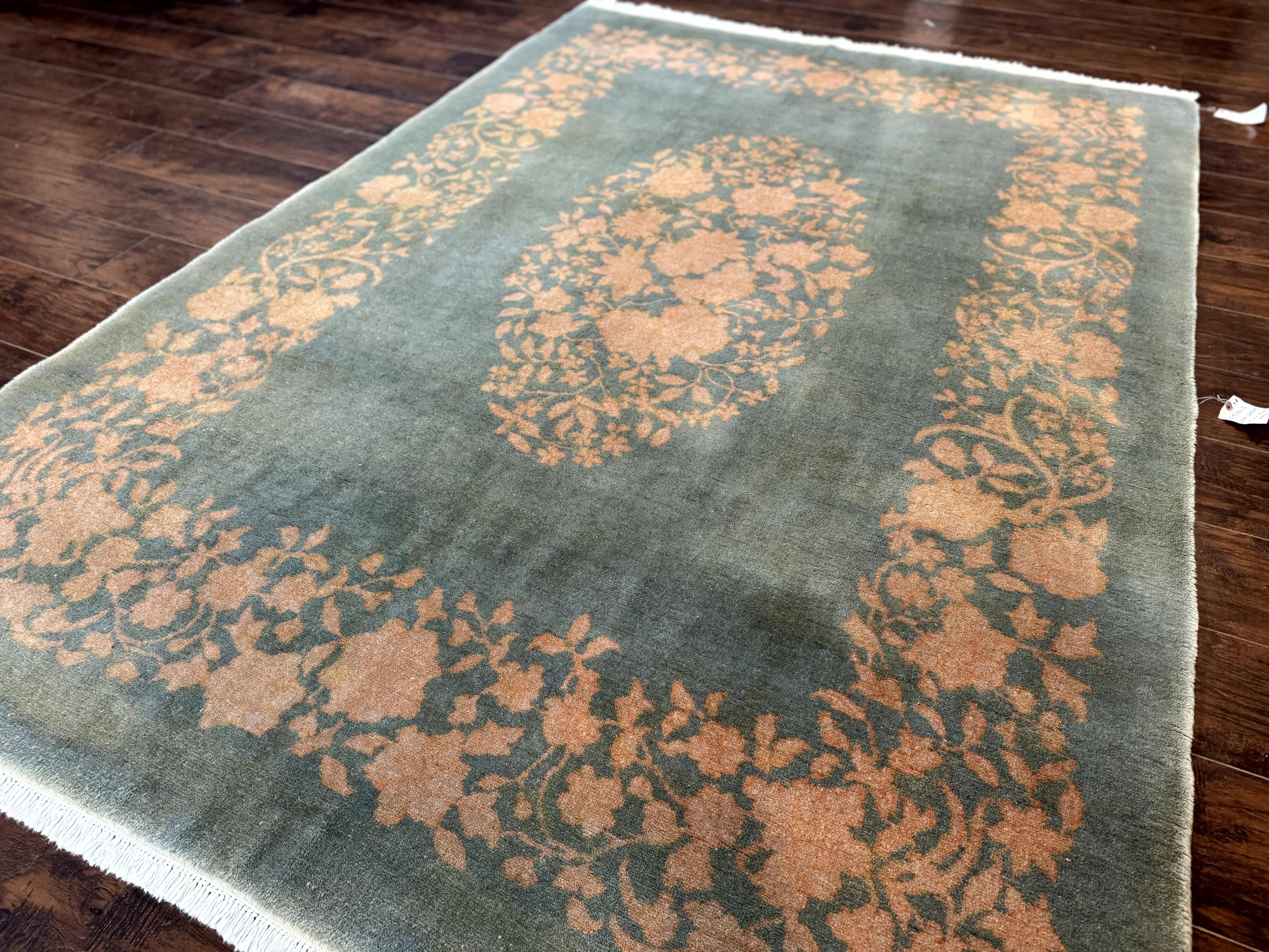 Teal Chinese Wool Rug 6x8, Vintage Handmade Carpet, Floral, Semi Open Field - Jewel Rugs