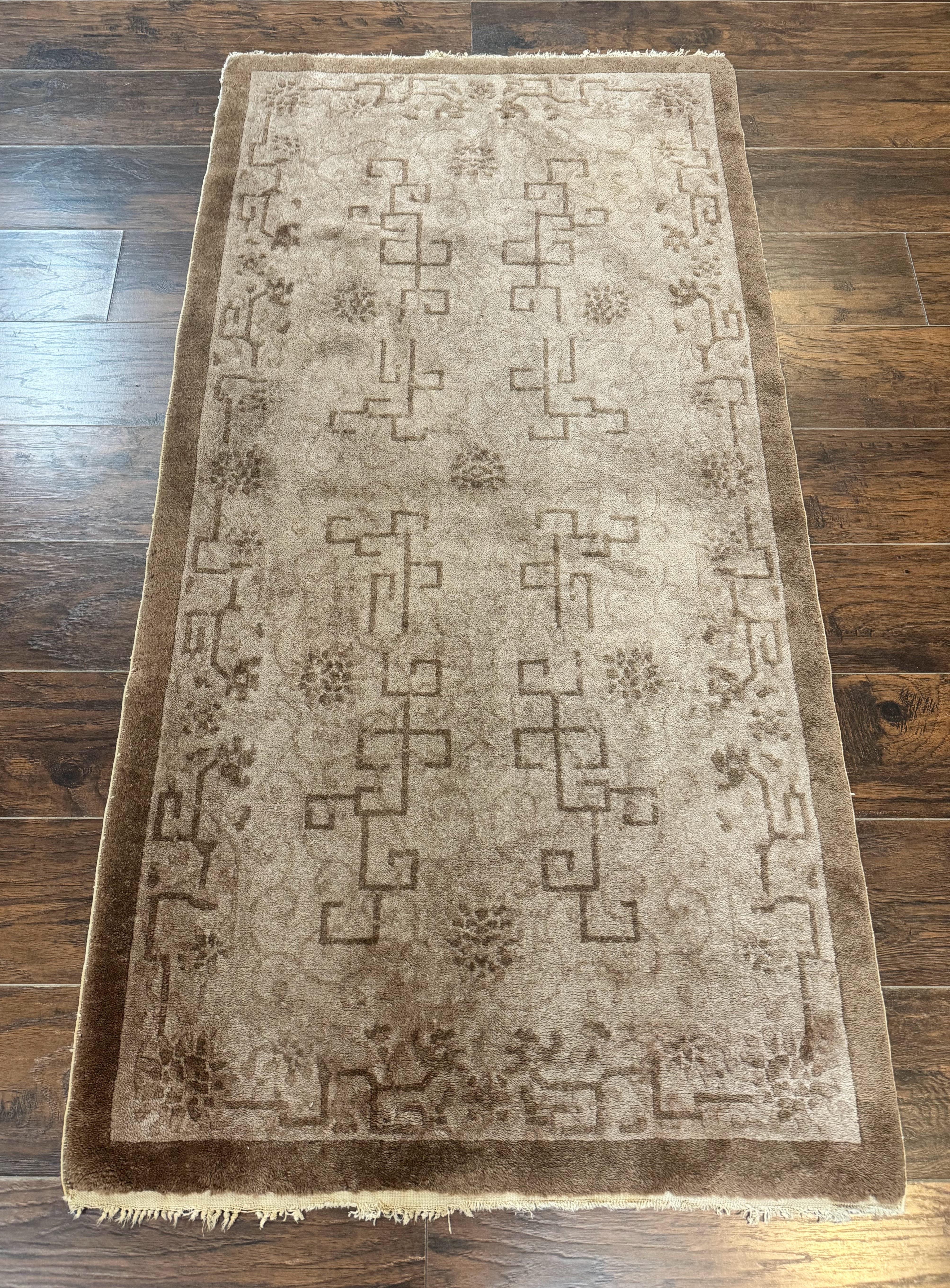 Antique Chinese Fette Rug 3x6, Taupe, Handmade Wool Chinese Carpet - Jewel Rugs