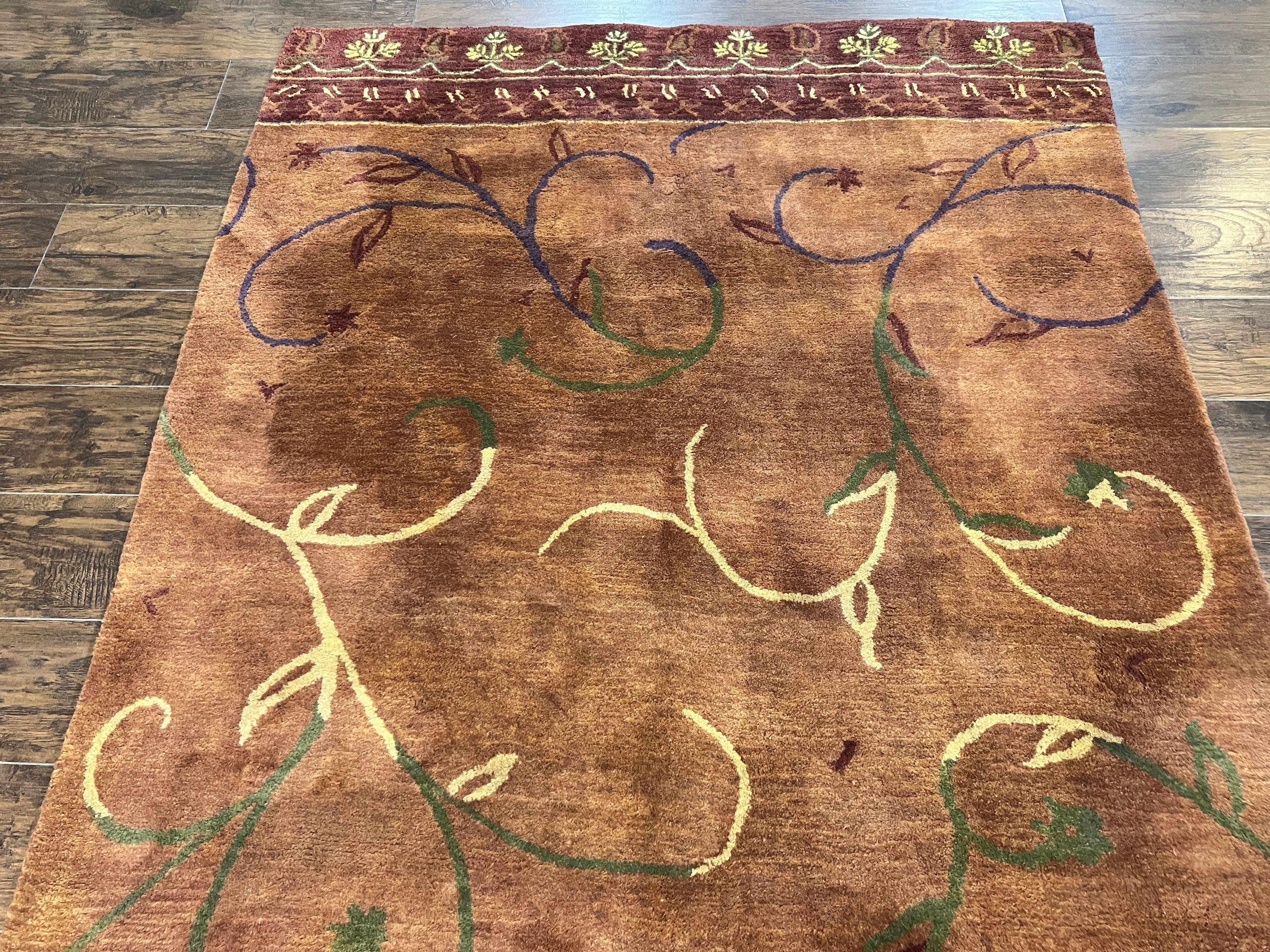 Pottery Barn Rug 5x8, Vintage Hand Tufted Carpet, Wool and Silk, Rust & Maroon - Jewel Rugs