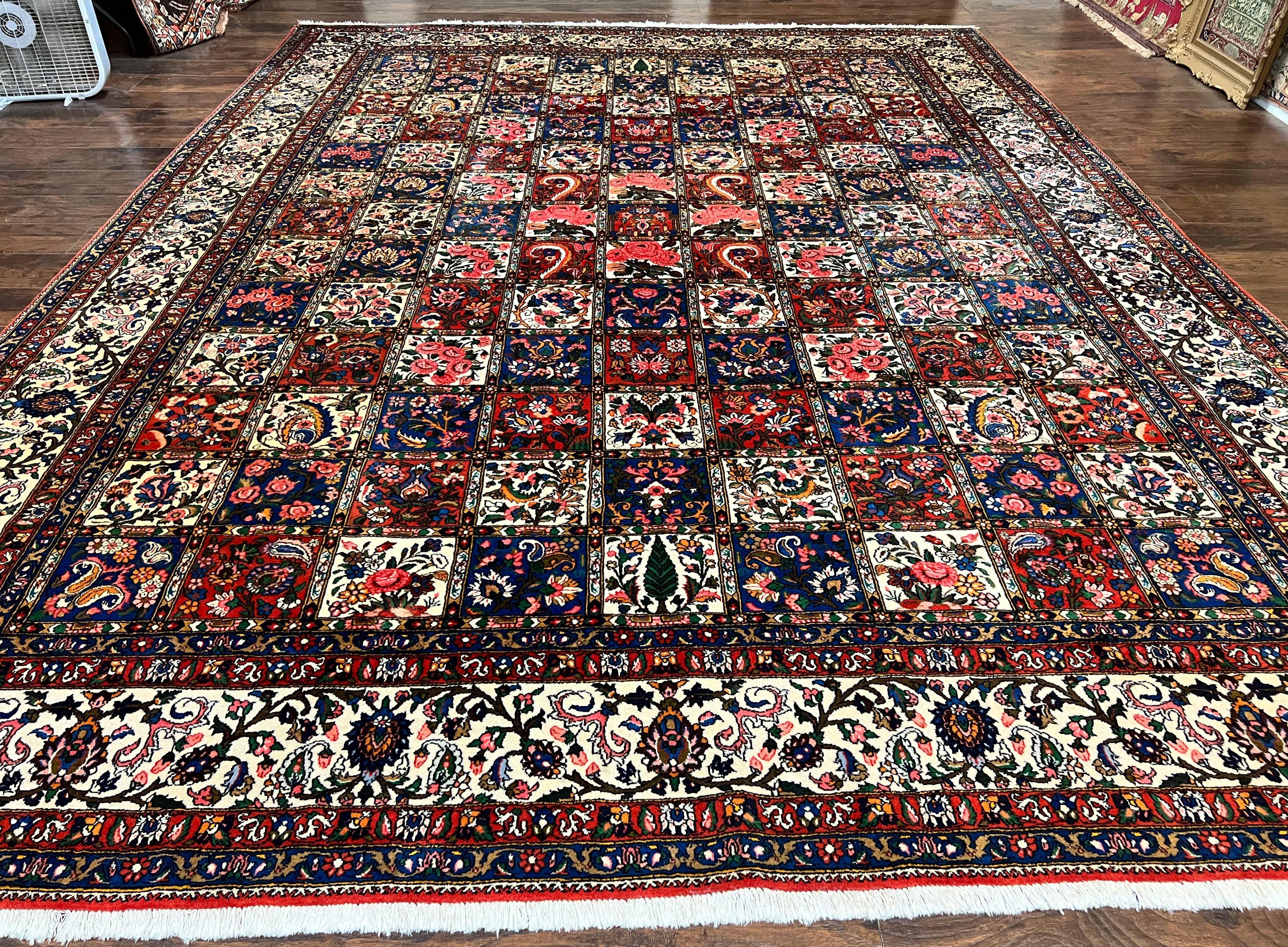 Persian Bakhtiari Rug 10x14, Wool Hand Knotted Vintage Carpet, Multicolor Khesti Panel Design, Large Room Sized Semi Antique Oriental Rug 10 x 14 - Jewel Rugs