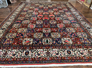 Persian Bakhtiari Rug 10x14, Wool Hand Knotted Vintage Carpet, Multicolor Khesti Panel Design, Large Room Sized Semi Antique Oriental Rug 10 x 14