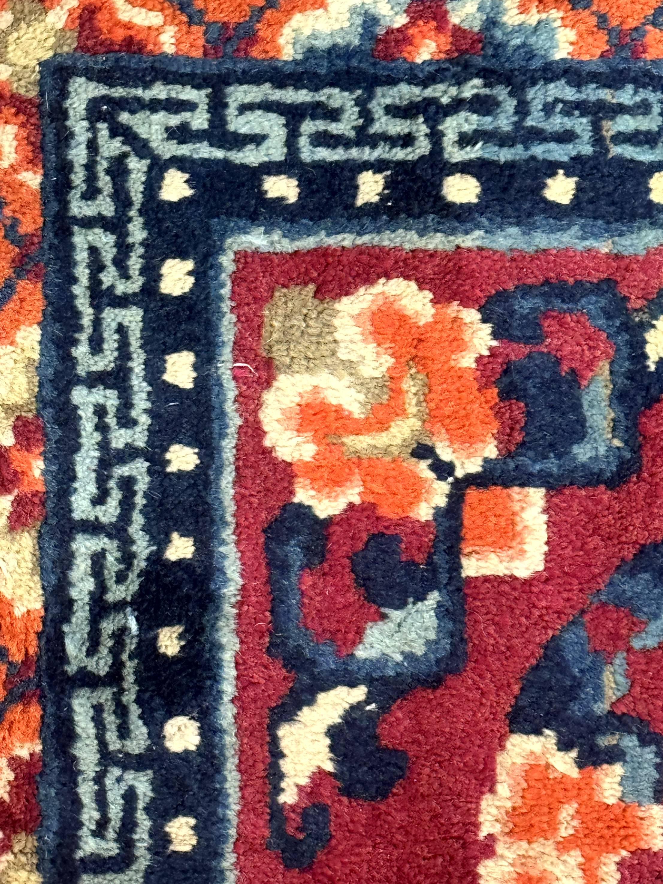 Small Antique Chinese Square Rug 2x3, Tibetan Rug, Red Orange Blue, 1920s Rug - Jewel Rugs