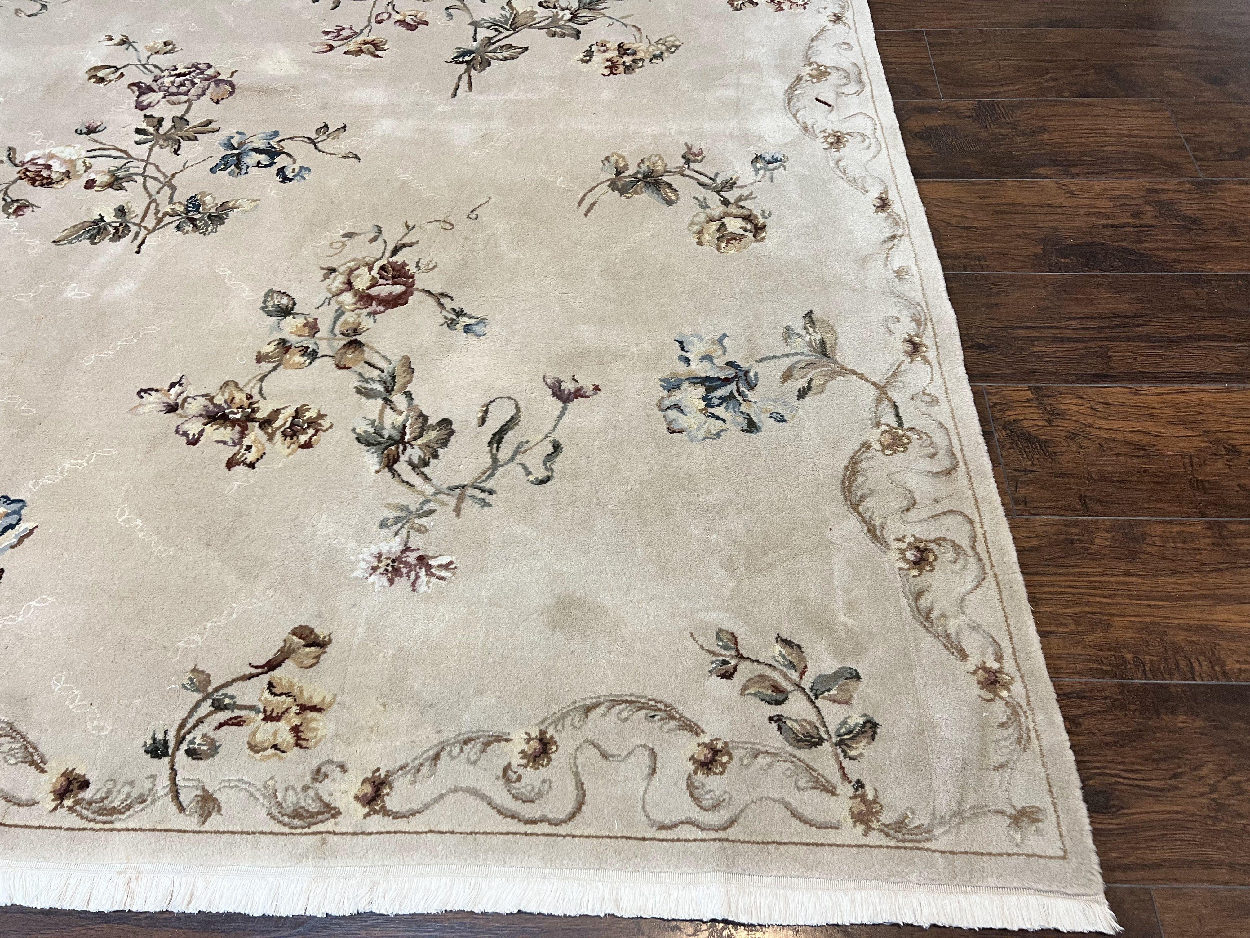 Chinese 120 Line Rug 8x10, Chinese Aubusson Wool & Silk Highlights Handmade Vintage Carpet, Beige Fine Weave Rug, Floral European Design - Jewel Rugs