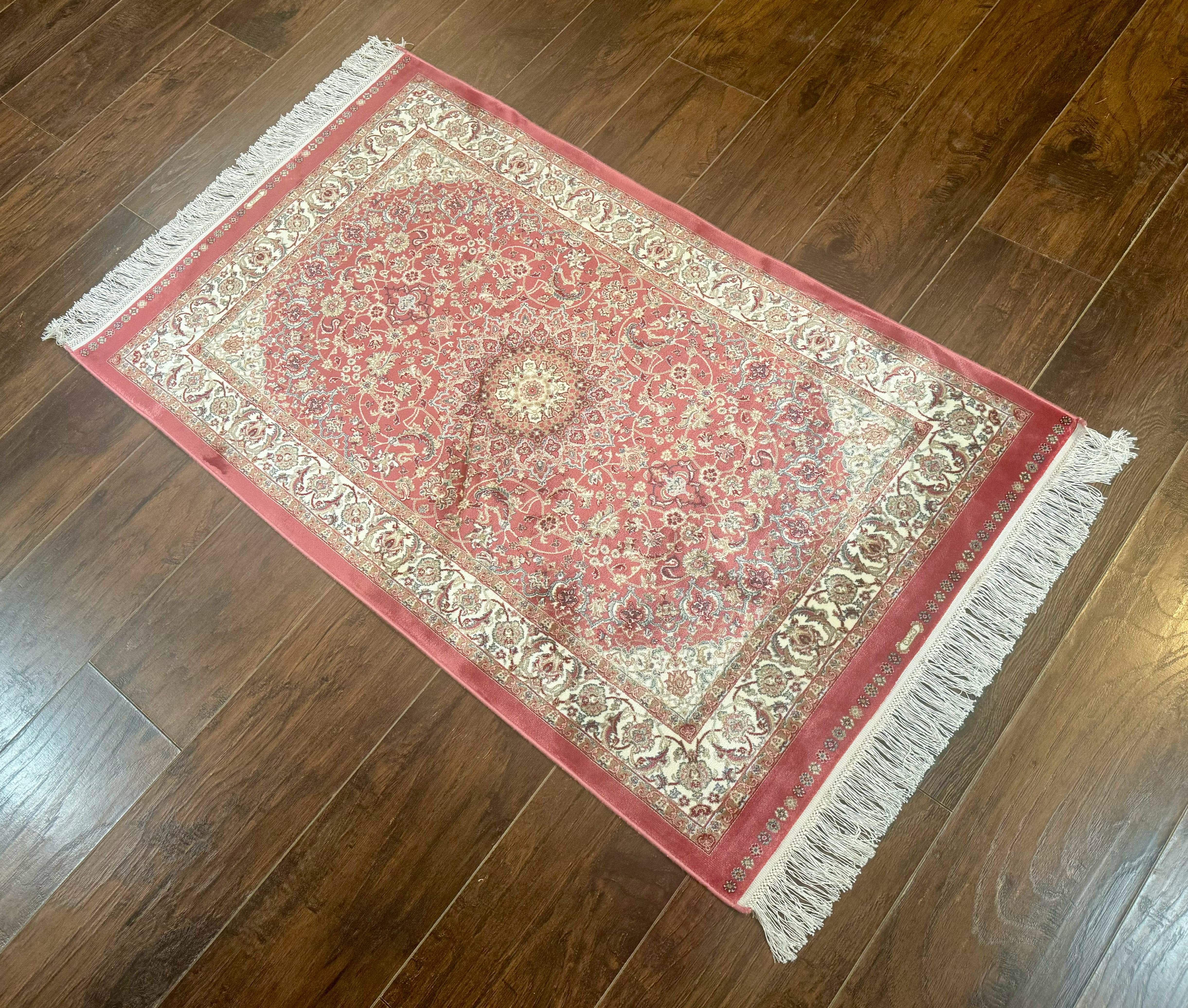 Turkish Silk Rug 2.6 x 4, Medallion, Pink and Ivory, Fine, Bamboo Silk - Jewel Rugs