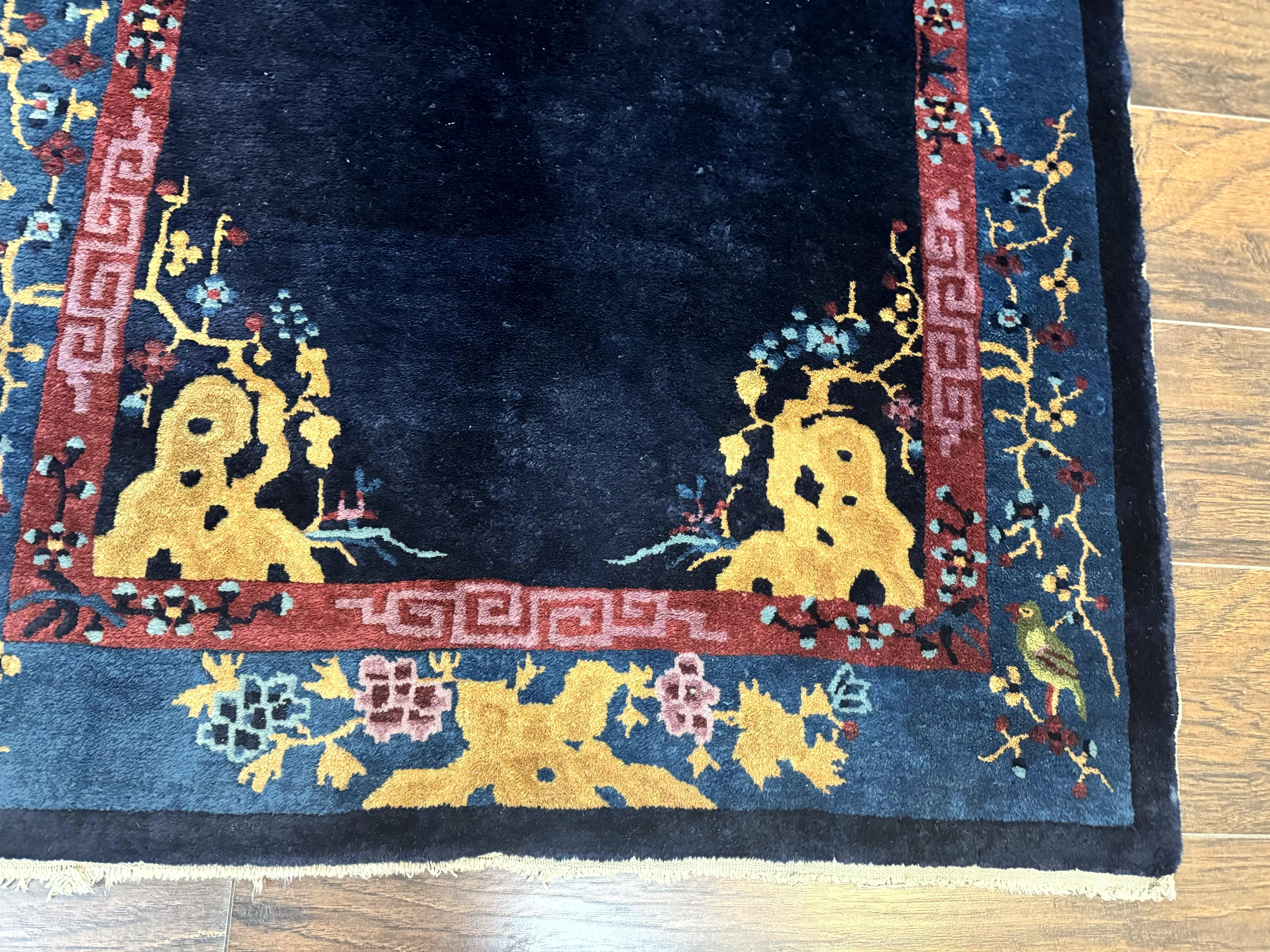 Antique Chinese Peking Rug 3x6, Dark Blue, Bird Motif, Handmade Wool Art Deco Asian Oriental Carpet, Pair A - Jewel Rugs