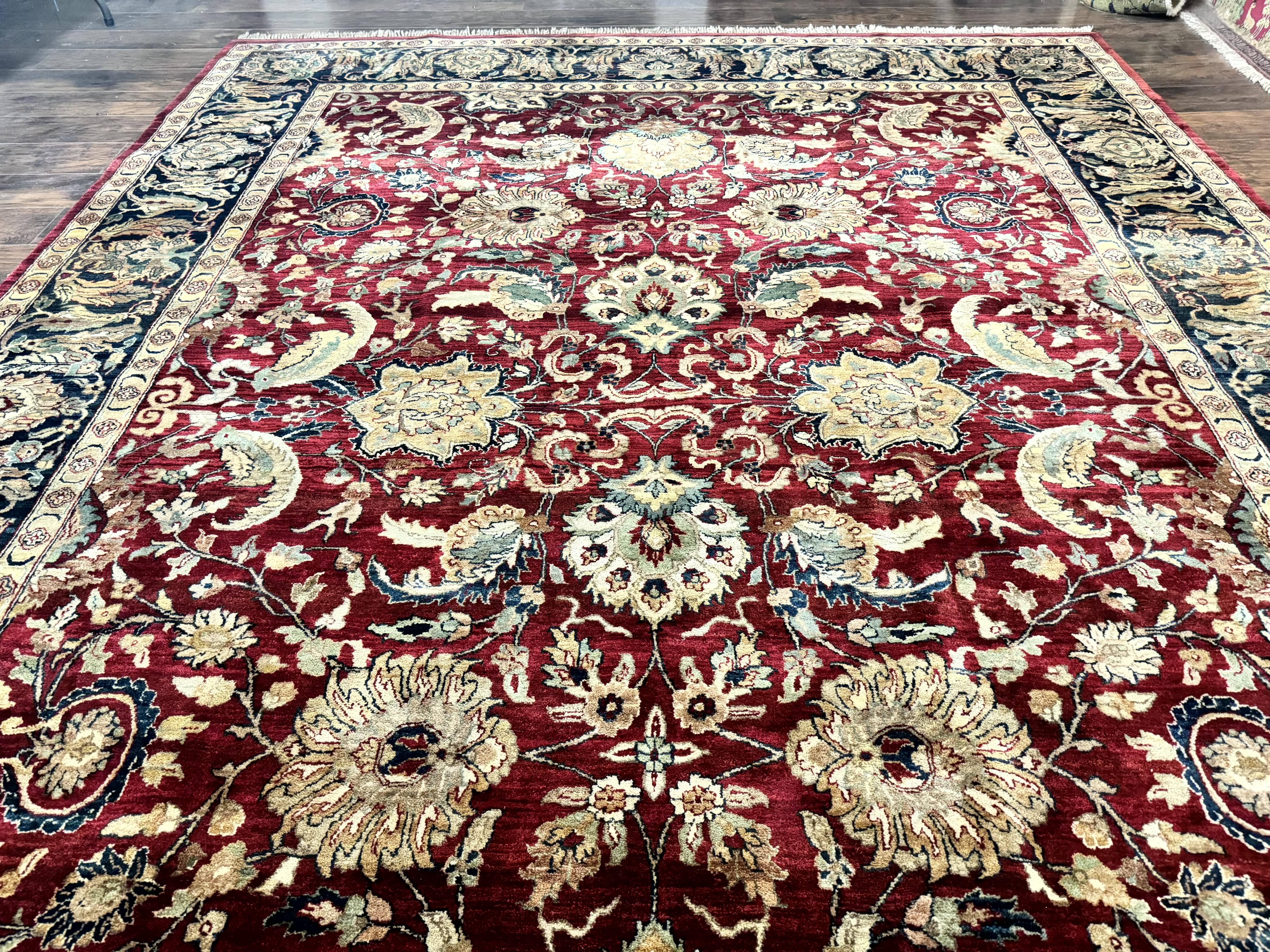 Indo Persian Rug 10x14, Indian Agra Carpet, Vintage Handmade Wool Large Traditional Rug, Dark Red Navy Blue Beige - Jewel Rugs