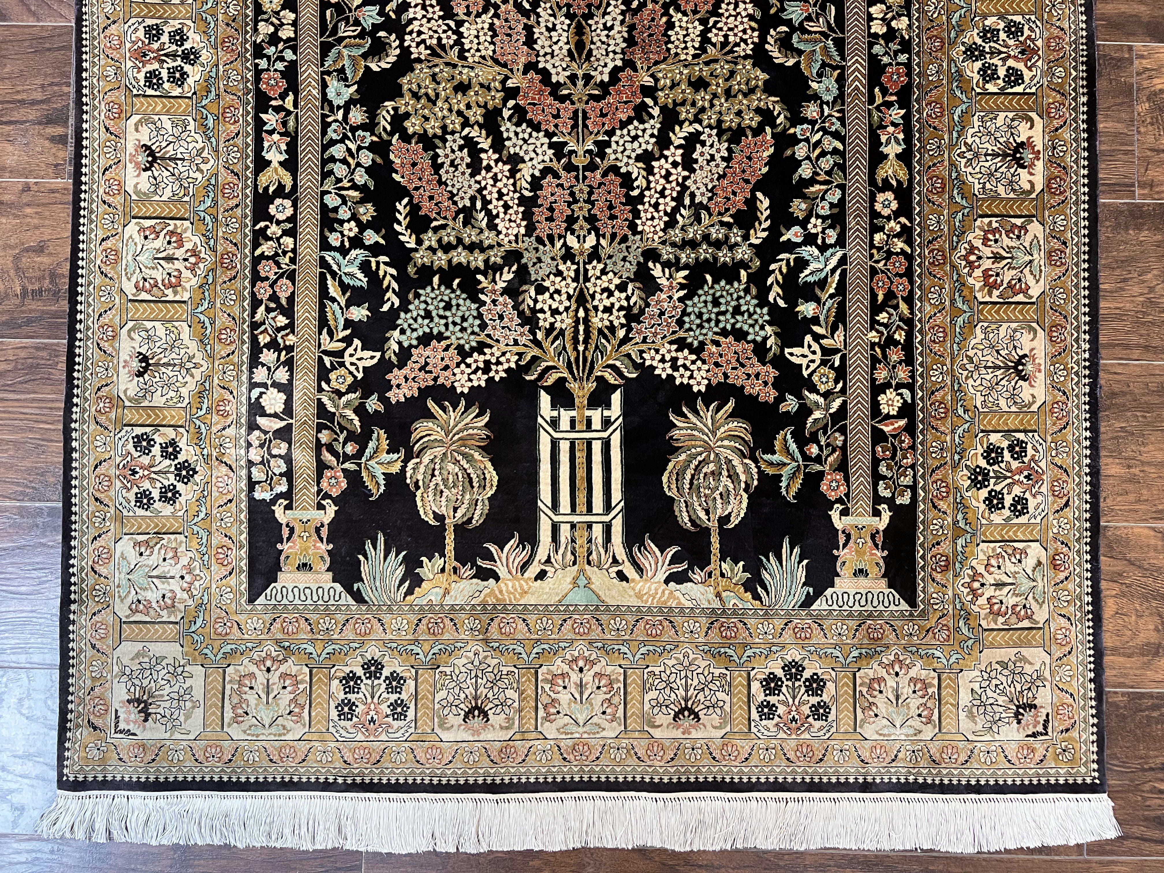 Wonderful Sino Persian Silk Rug 4x6, Tree of LIfe Design, Masterpiece 575 KPSI, Birds, Prayer Rug, Black, Silk on Silk - Jewel Rugs