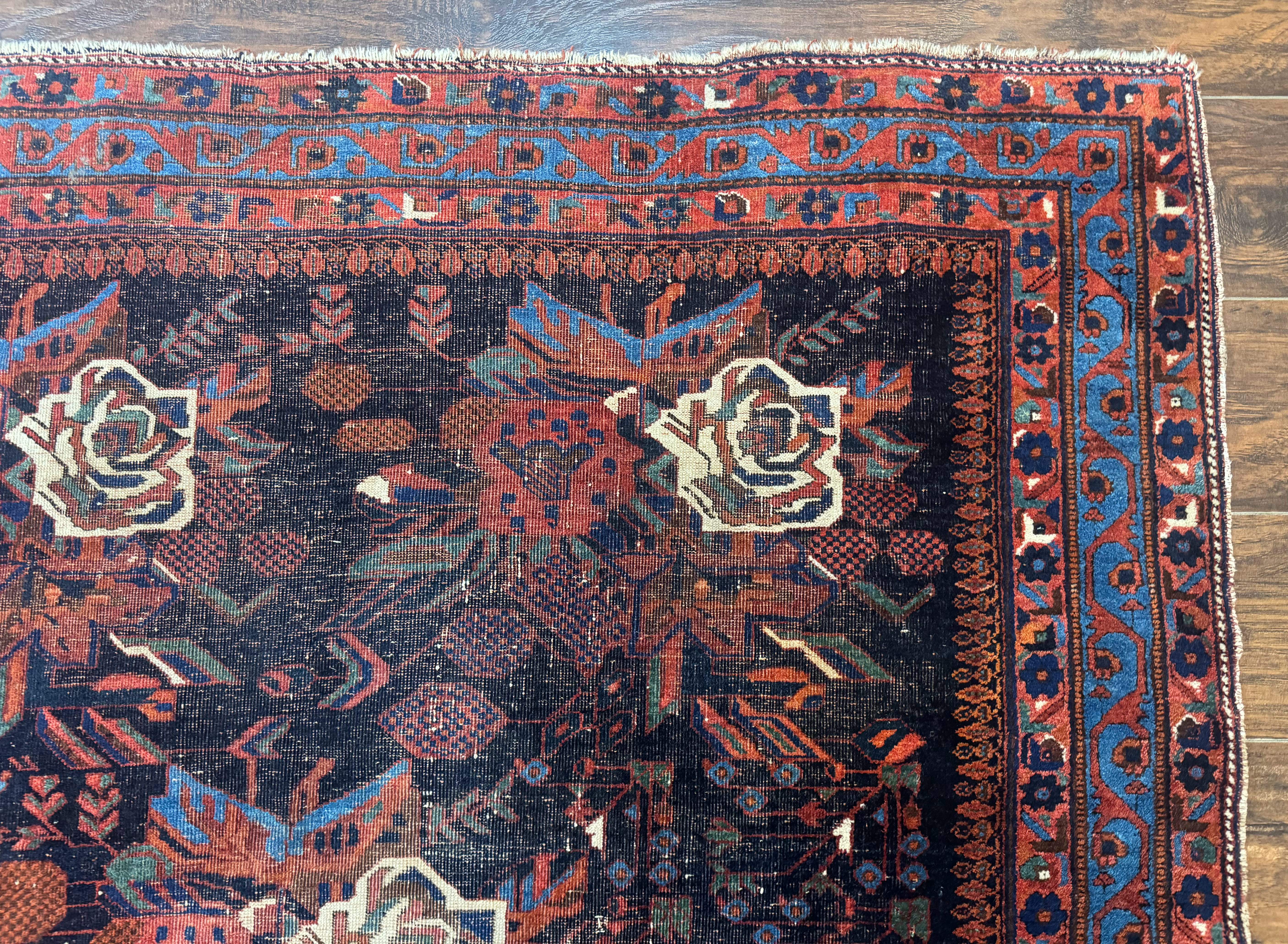 Persian Afshar Tribal Rug 5x6 – Navy and Red, Hand-Knotted Wool, Antique Carpet, Floral - Jewel Rugs
