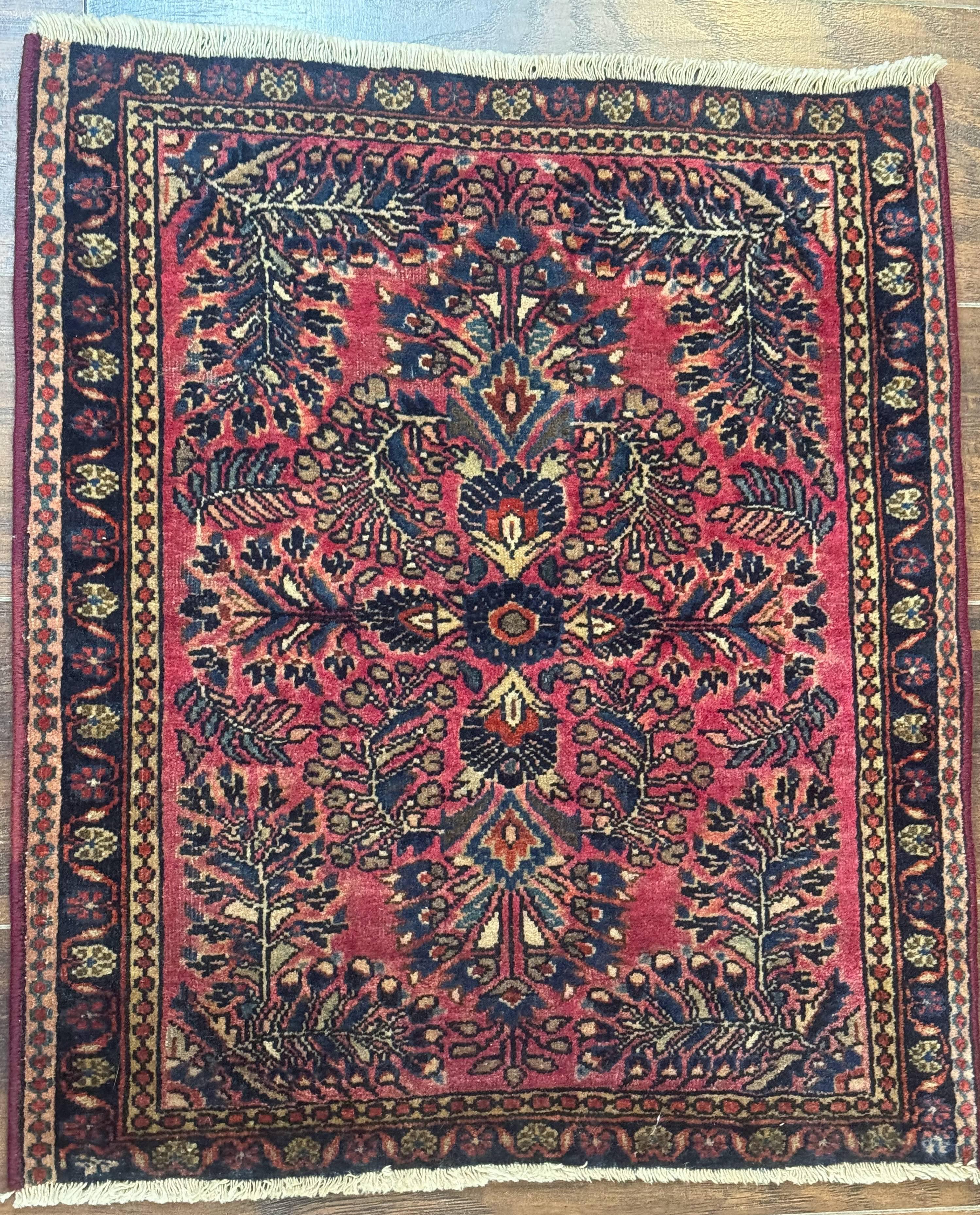 Small Antique Persian Sarouk Rug 2x2 ft, Red 1920s Wool Rug - Jewel Rugs