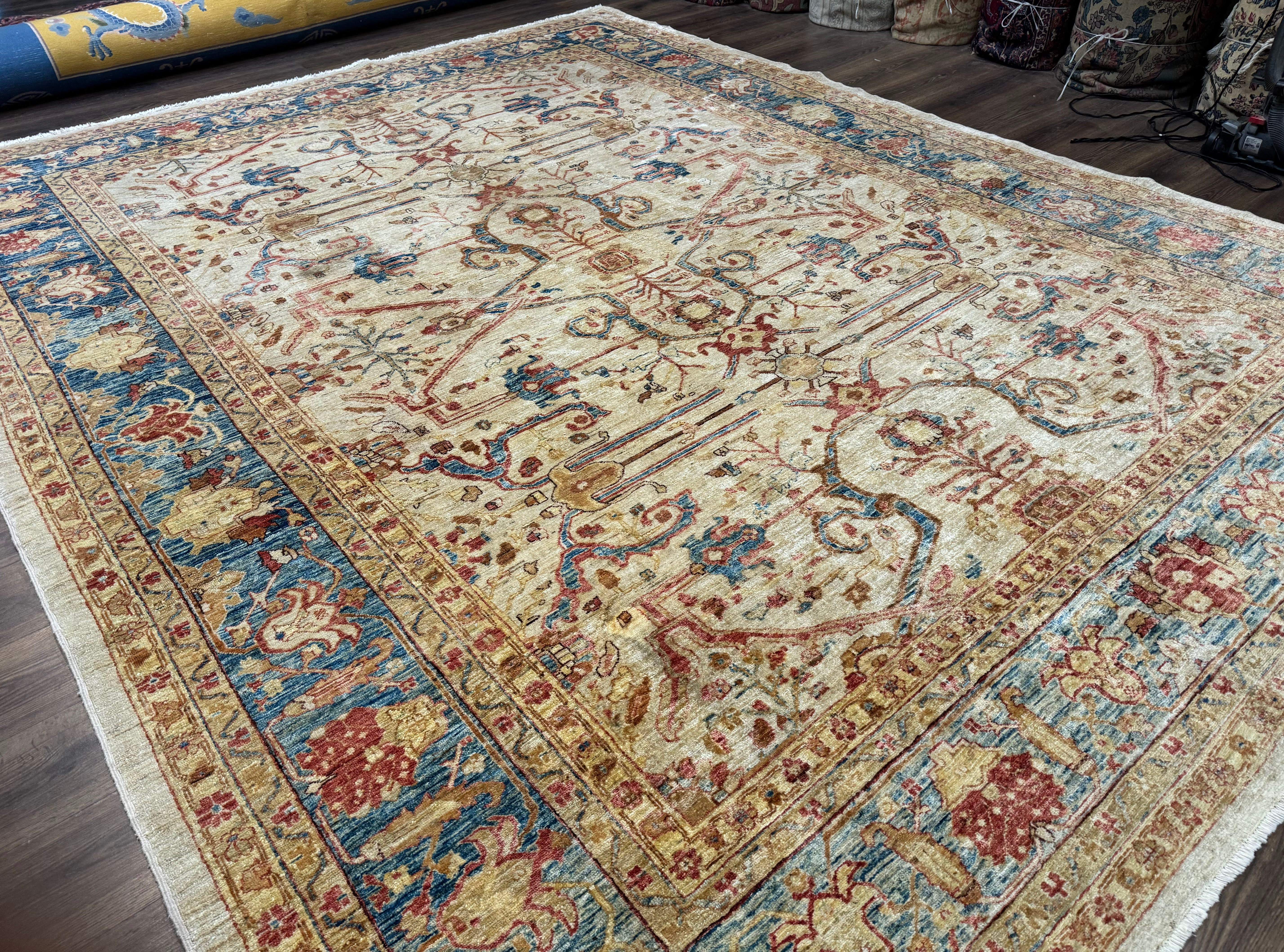 Pakistani Peshawar Rug 10x12 – Tan and Blue, Hand-Knotted Wool Oushak Carpet - Jewel Rugs